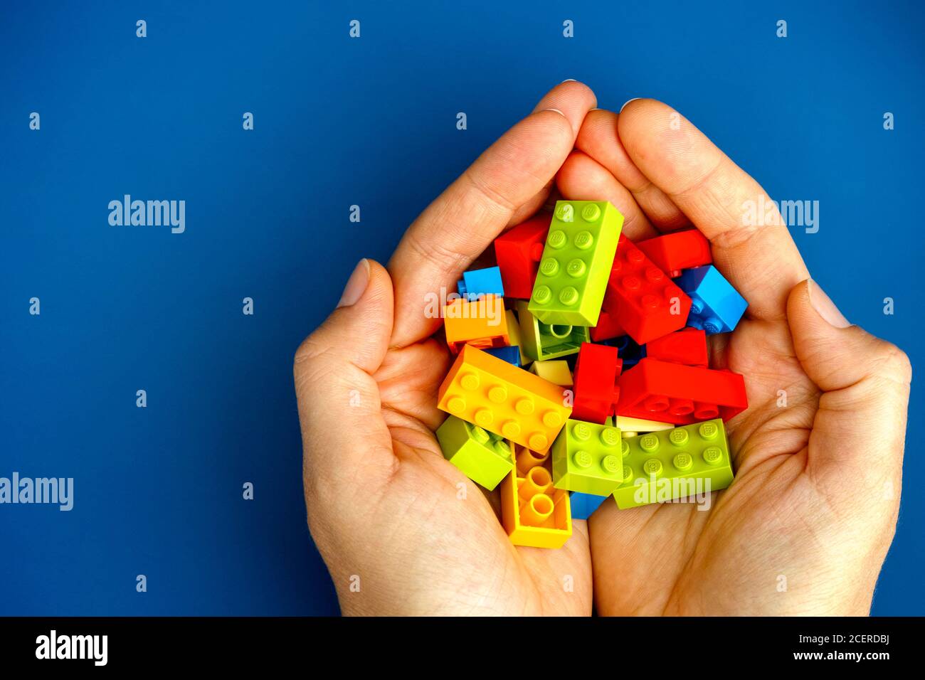 Tambov, Federazione russa - 26 agosto 2020 Palme donna pieno di blocchi Lego su sfondo blu. Foto Stock