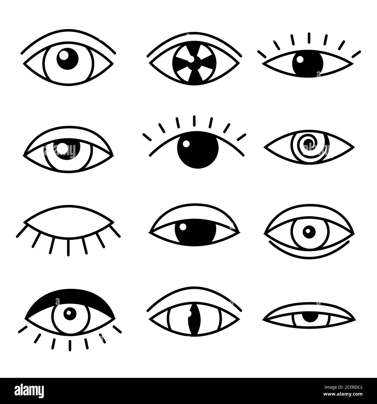 Set piatto con contorno occhi neri su sfondo bianco. Occhi aperti, dormenti e chiusi. Illustrazione vettoriale elemento logo. Illustrazione Vettoriale