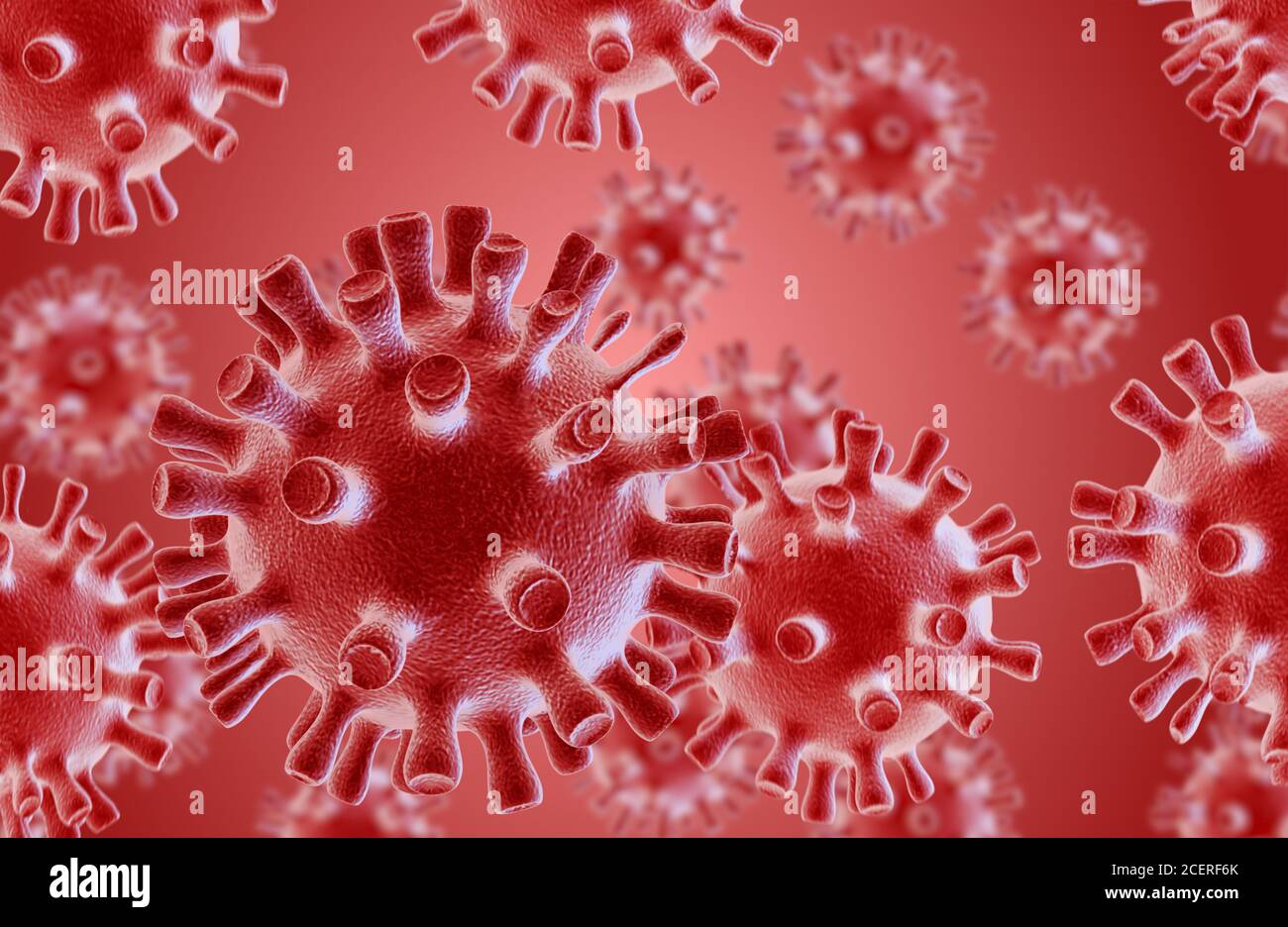 Primo piano del gruppo di cellule di Coronavirus. rendering 3d. Foto Stock