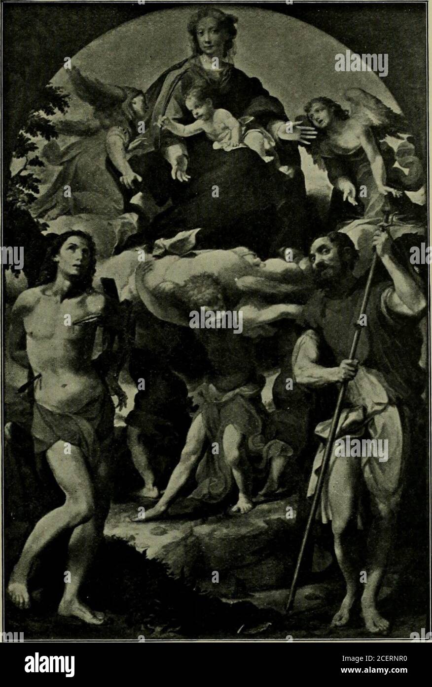 . Antonio Allegri da Correggio, la sua vita, i suoi amici, il suo tempo. Di Paul Rochrey. Parigi, 1876. CARATTERISTICHE DELLA SUA ARTE 347 come si suppone, ma che le sue decisioni artistiche erano governate da una percezione anintensa dell'unità pittorica. Il suo trattamento è stato ulteriormente influenzato dalla sua ansia di dare vita e movimento a tutte le sue figure, non hanno alcun carattere inerte e purposeless nel dramma. Nell'espressione il sentimento di una concezione da parte del gioco di atti-tude e gesturehe ha avuto fewrivals, e thisis il moreremarkable, inche l'arte del suo tempo soughtbeauty piuttosto l'armonia di linesthan nell'unità di i Foto Stock