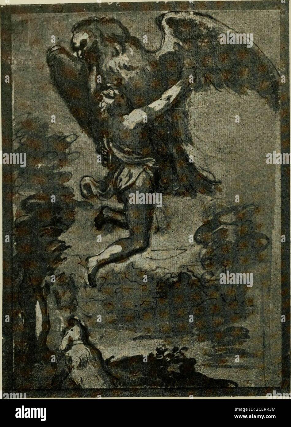 . Antonio Allegri da Correggio, la sua vita, i suoi amici, il suo tempo. Buon gusto. Molti tratti che sono perfettamente logici nell'angelo, cessano di avere qualsiasi forma fisica quando adattato al Ganymede. Così, per evitare qualsiasi alterazione nella curva del braccio, e per eludere la necessità di mostrare la mano destra, abbiamo un Ganymede che non ha preso e portato via dall'aquila, ma che si aggrava all'uccello, e vola verso l'alto con tutta la serenitàdi un pratico aeronaut. Theaqule certaillygracs lui inhis talons, butonly da thecloghes, anaction thichird-tutti y havedrawn themtherthertly rotonded il suo corpo sotto il Foto Stock