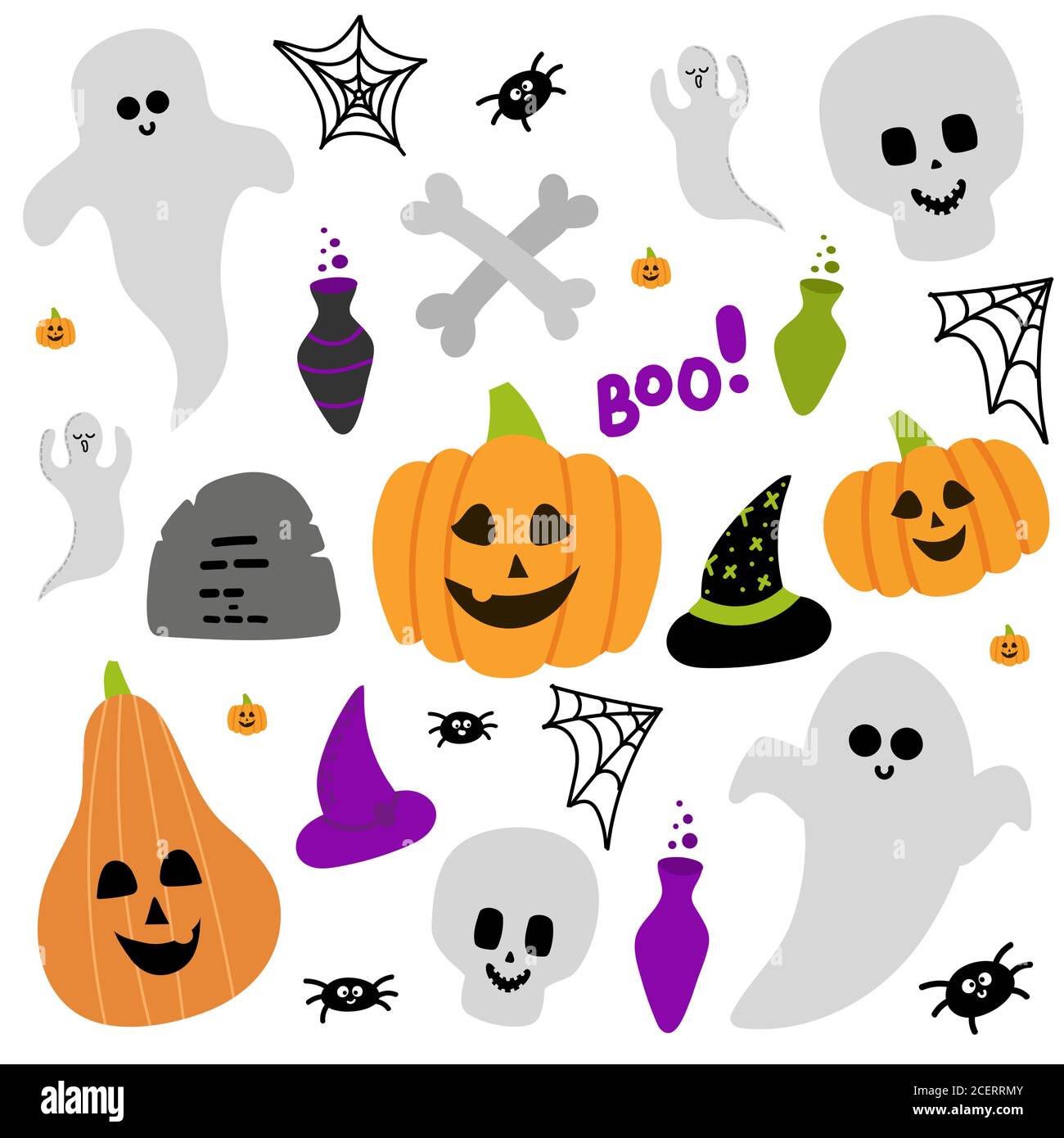 Carino Halloween insieme con i simboli di giorno di scarry. Divertente cartoon Ghost, zucca, bottiglia di veleno, mascelle, cappello di strega sono su sfondo bianco Illustrazione Vettoriale
