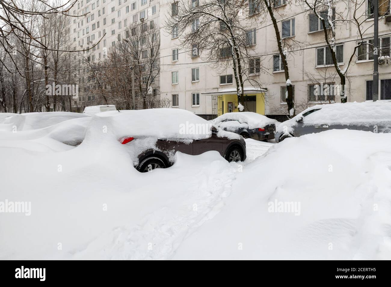 Auto innevate nel parcheggio dopo la nevicata in inverno. Foto Stock