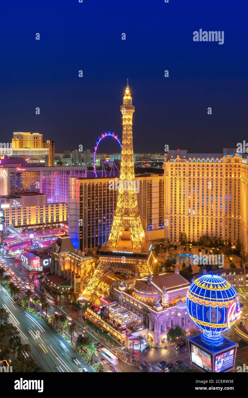 Vista aerea della Strip di Las Vegas in Nevada, come visto durante la notte Foto Stock