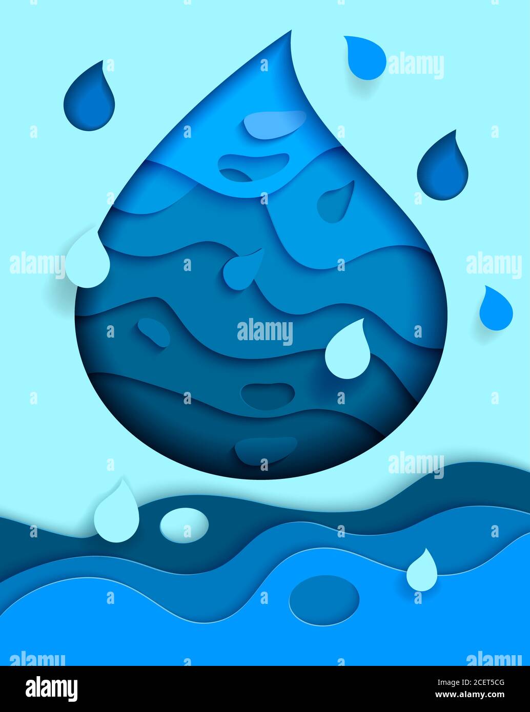 Acqua dolce. Modello di progettazione banner. Stile di taglio astratto della carta goccia acqua. Save Water Earth ricoura il concetto ecologico per l'infografica ambientale. Illustrazione vettoriale. Illustrazione Vettoriale