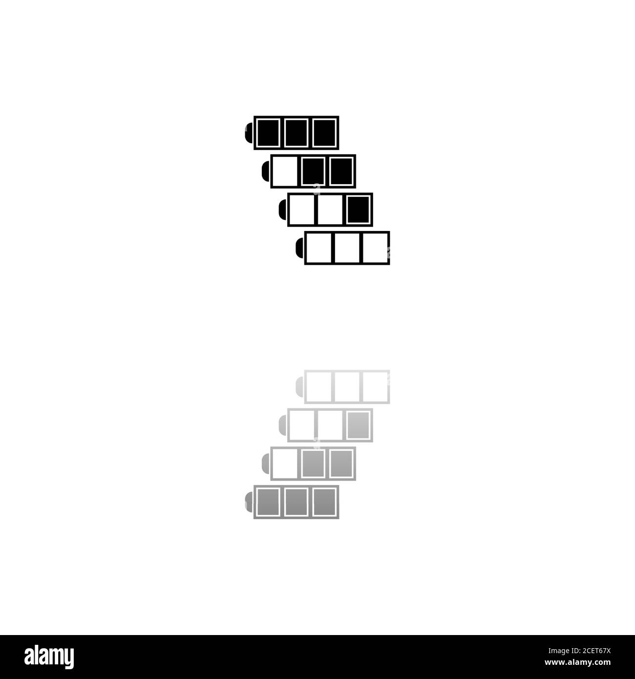 Batteria. Simbolo nero su sfondo bianco. Illustrazione semplice. Icona vettore piatto. Specchia ombra di riflessione. Può essere utilizzato in logo, Web, mobile e UI UX Illustrazione Vettoriale