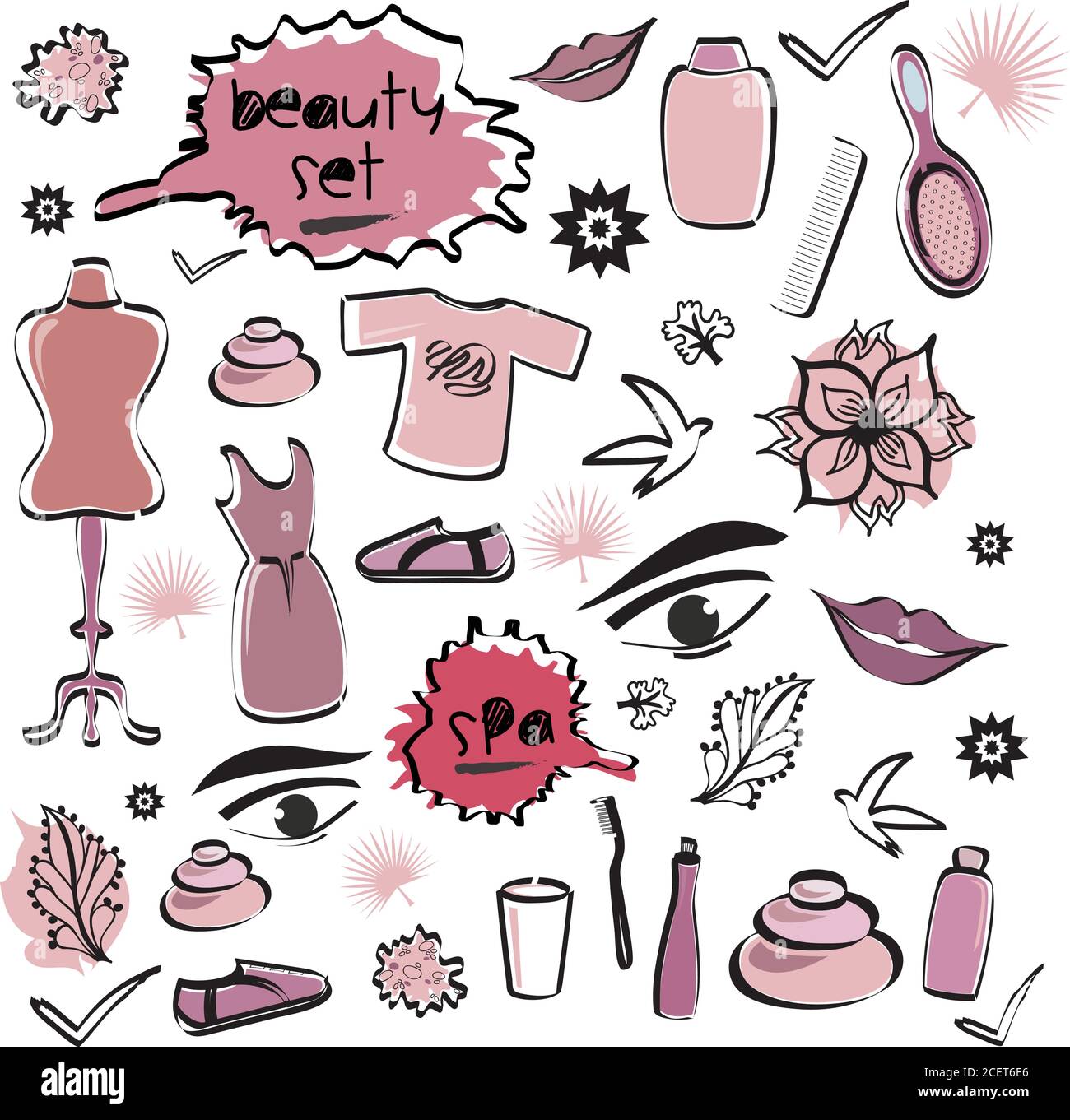 Set di articoli di bellezza con Spa, Doodles moda in colori rossi Illustrazione Vettoriale Set di articoli di bellezza con Spa, Doodles moda in colori rossi Illustrazione Vettoriale