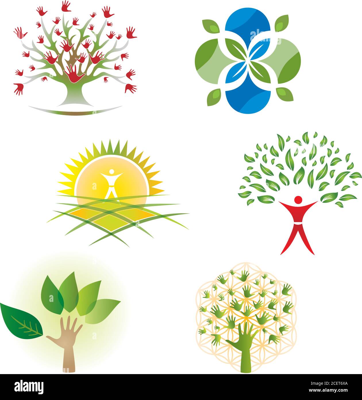 Set di icone di alberi natura e mani per il logo Design Illustrazione Vettoriale