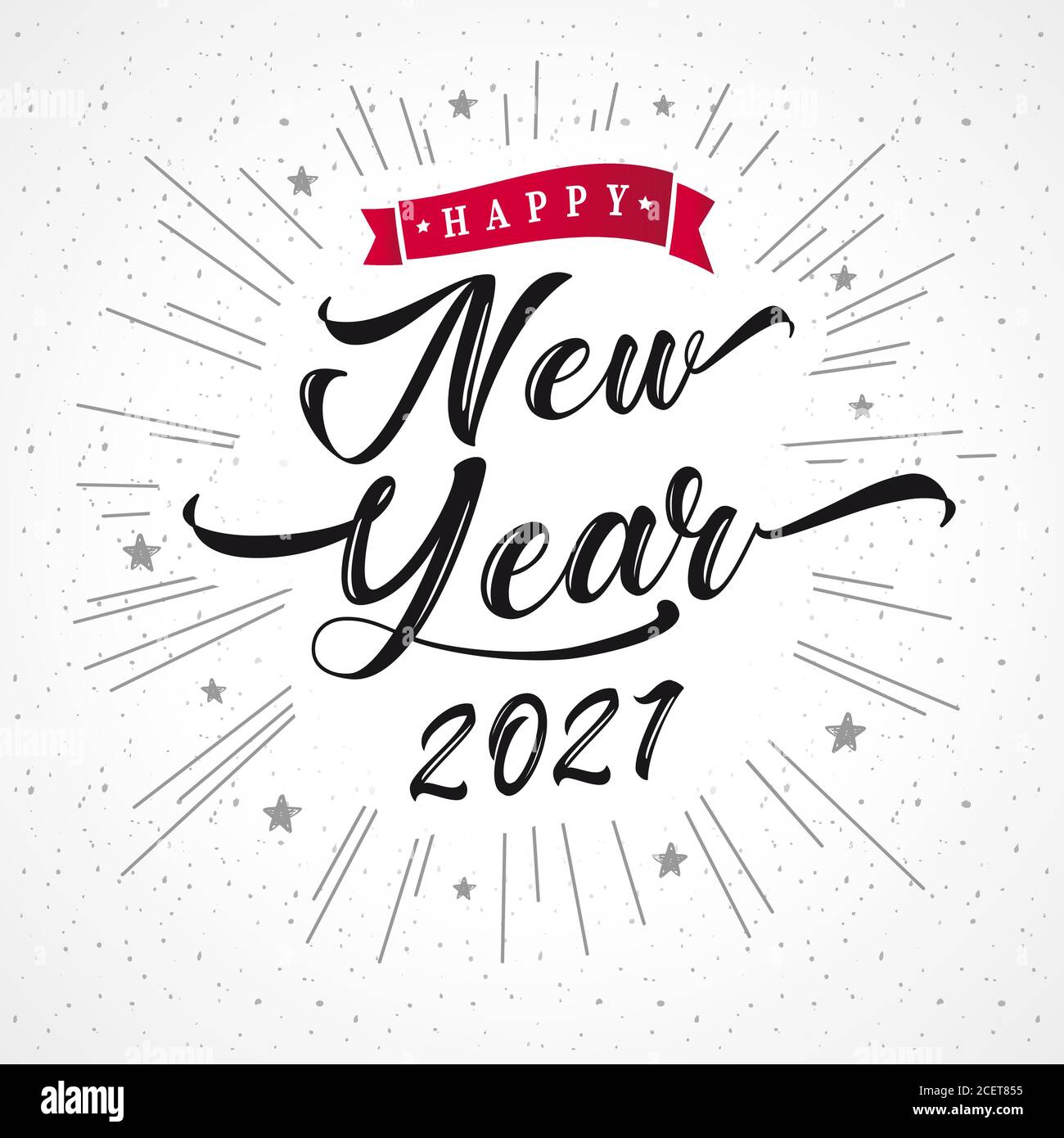 Happy new year 2021 vintage lettering design, travi che brillano su sfondo bianco. Calligrafia vettoriale realistica e numeri 20 21 segno, concetto di vacanza Illustrazione Vettoriale