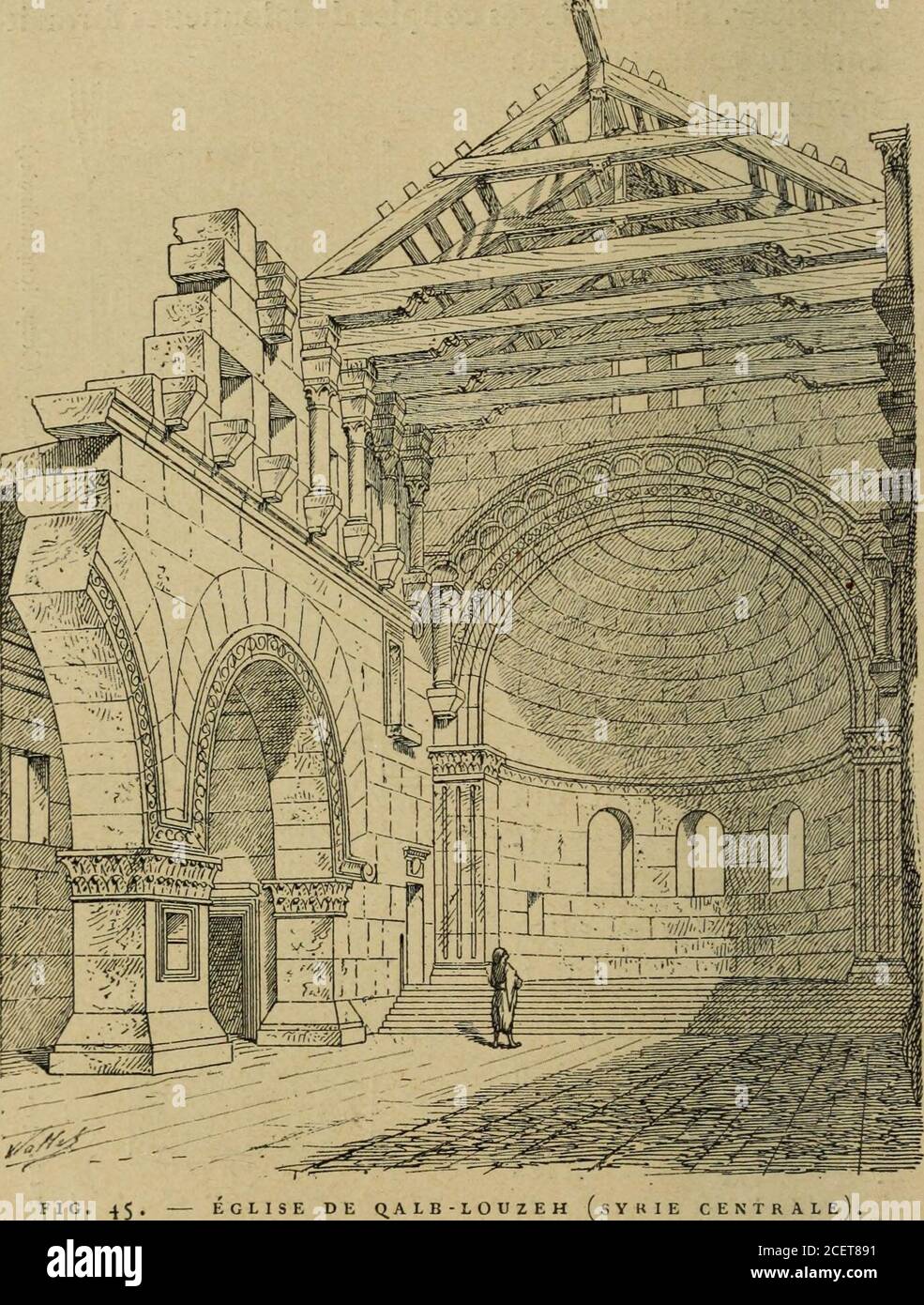 . L'architettura romane. Ns ^ 8+ LARCHITECTURE ROMANE. est Plus riche que dans les autres édifices du même. ÉGLISE DE Q.ALB-LOUZEH (SYKIE CENTRALE). (Vue perspective intérieure vers labside.) Genre et du même temps; elle affecte des formes quite-ndent vers les pratiques bizantini. ORIGINES DE LARCHITECTURE ROMANE. à la décoration antiquesont mêlés à des croix et à des symboles chrétiens. Onsait combien les représentations de la nature vivantesont rares dans la sculpture ecclésiastique des églissesorientales. Léglise de Qalb-Louzeh possède, à ce pointde vue, un déta Foto Stock