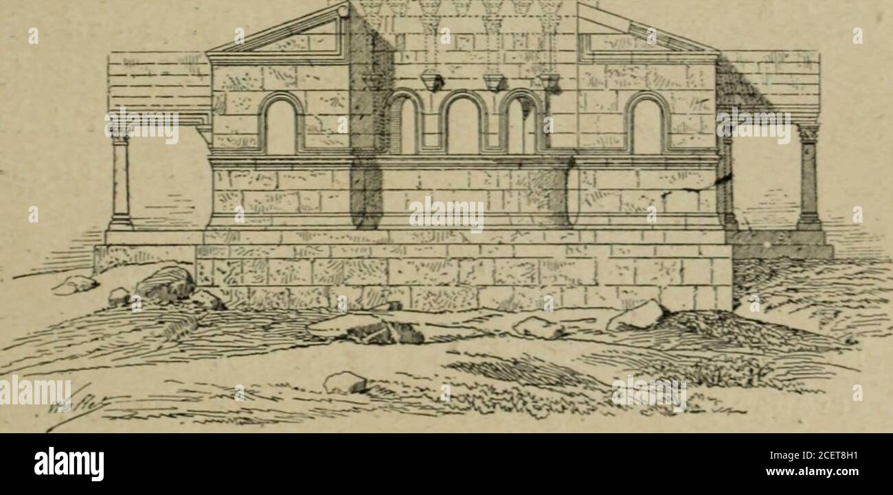 . L'architettura romane. PjQ^ ^I. ÉGLISE DE BA Q.0 UZA (SYRIE CENTRALE). (Coupé longitudinale ale. Le chevet, avec ses plans fermement accusés et I. Melchior de Vogué, la Syrie centrale. ORIGINES DE LARCHITECTURE ROMANE. Ciao figlio magnifique appareil, est dun sentimento tout an-tique. Les dessins (fig. 41 et 42) supposta Tedifice recon-stitué avec la Plus scrupuleuse exactitude daprès lesdébris existant tout entiers. La nef est formée par deux rangées de colonnes, de. FIG, ^ 2. TCLISE DE BAQ^OUZA (: (Abside.) YRIE centrale), antiquariato di proporzioni, portant des arcs plein cintre, non extradossés et sans Foto Stock