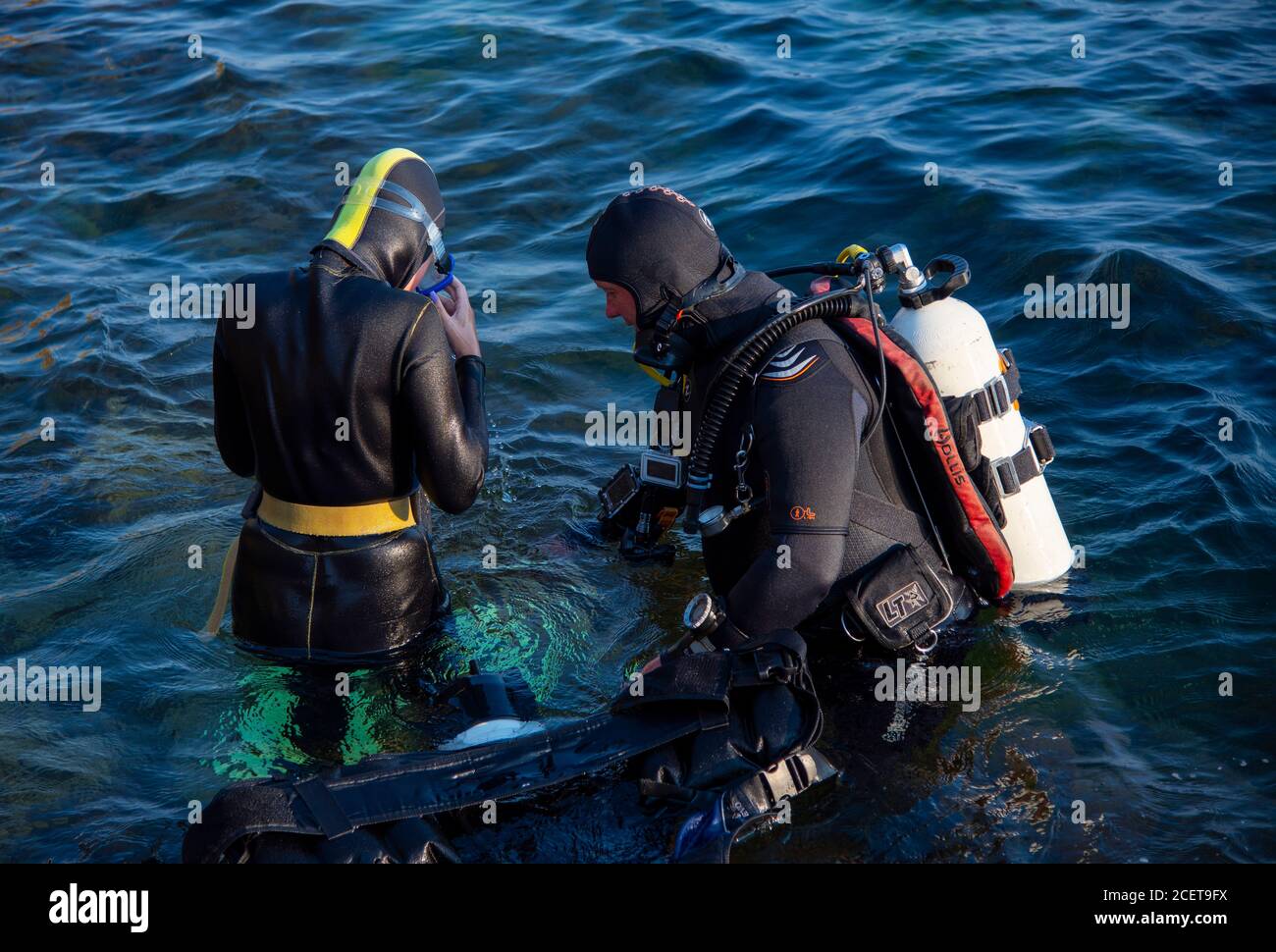 Le persone in mute e attrezzatura subacquea si preparano a tuffarsi in acqua. Foto Stock