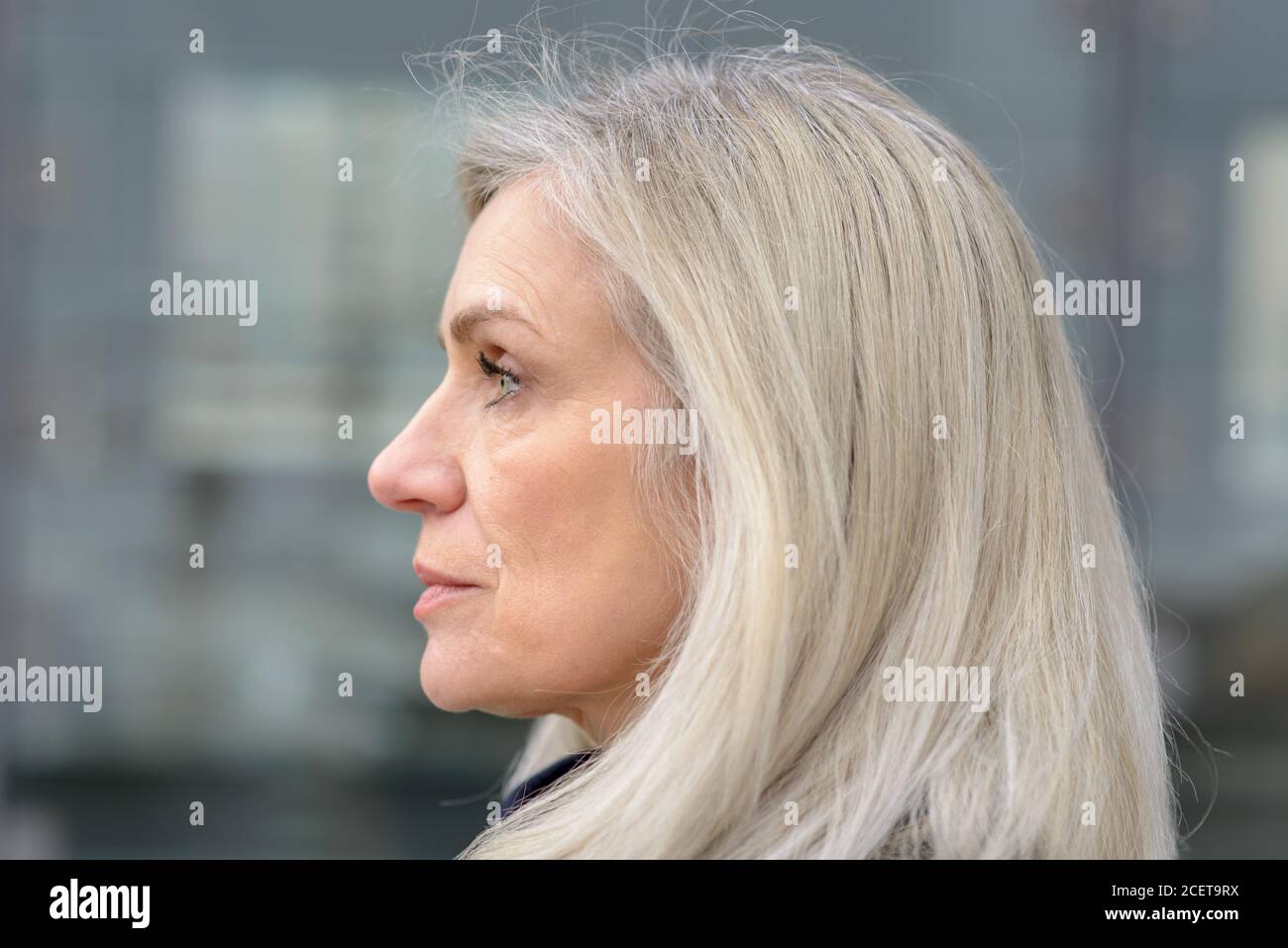 Ritratto di profilo di un attraente donna di mezza età con spalla lunghezza capelli cercando sul lato sinistro del telaio Foto Stock Ritratto di profilo di un attraente donna di mezza età con spalla lunghezza capelli cercando sul lato sinistro del telaio Foto Stock