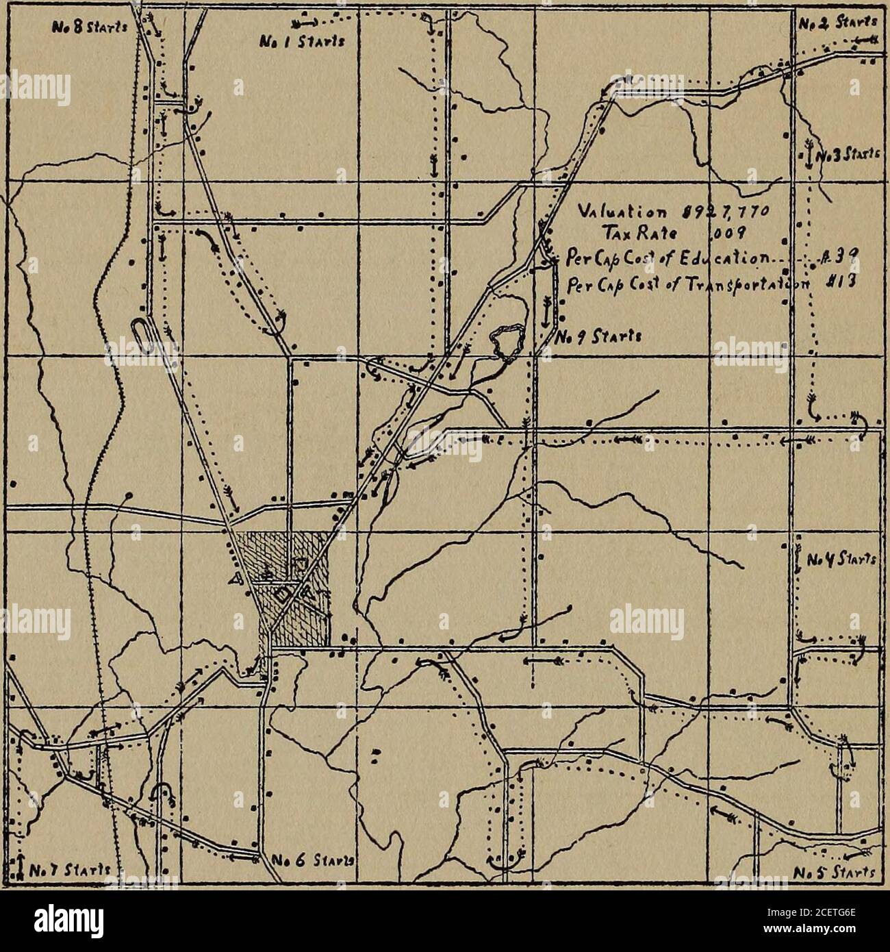 . Due tipi di scuole rurali, con alcuni fatti che mostrano le condizioni economiche e sociali. Linea di sezione. == strada. -|-|-|-|-Ferrovia. Confine di distretto. ? Casa della scuola. Chiesa di ±. ? Residenza. 128 due tipi di scuole rurali kinsman Township. Linea di sezione. = strada. -i-i-i-i- Ferrovia. H Van Route. D Scuola Casa. db Chiesa. ? Residenza. Appendice 129 Richland Township Foto Stock