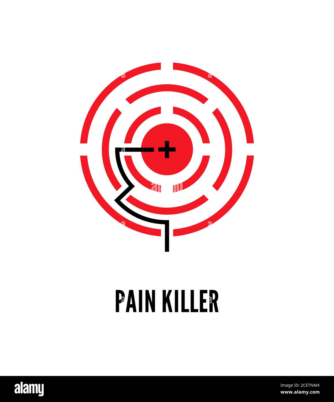 Painkiller, rosso cerchio di dolore modello vettoriale. Contrassegno di localizzazione Aache. Illustrazione del labirinto con tipografia. Macchia di dolore, labirinto astratto, malattia rimedio pubblicità banner disegno Illustrazione Vettoriale