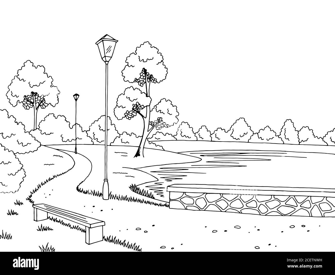 Park River grafico nero bianco disegno paesaggio vettore illustrazione Illustrazione Vettoriale