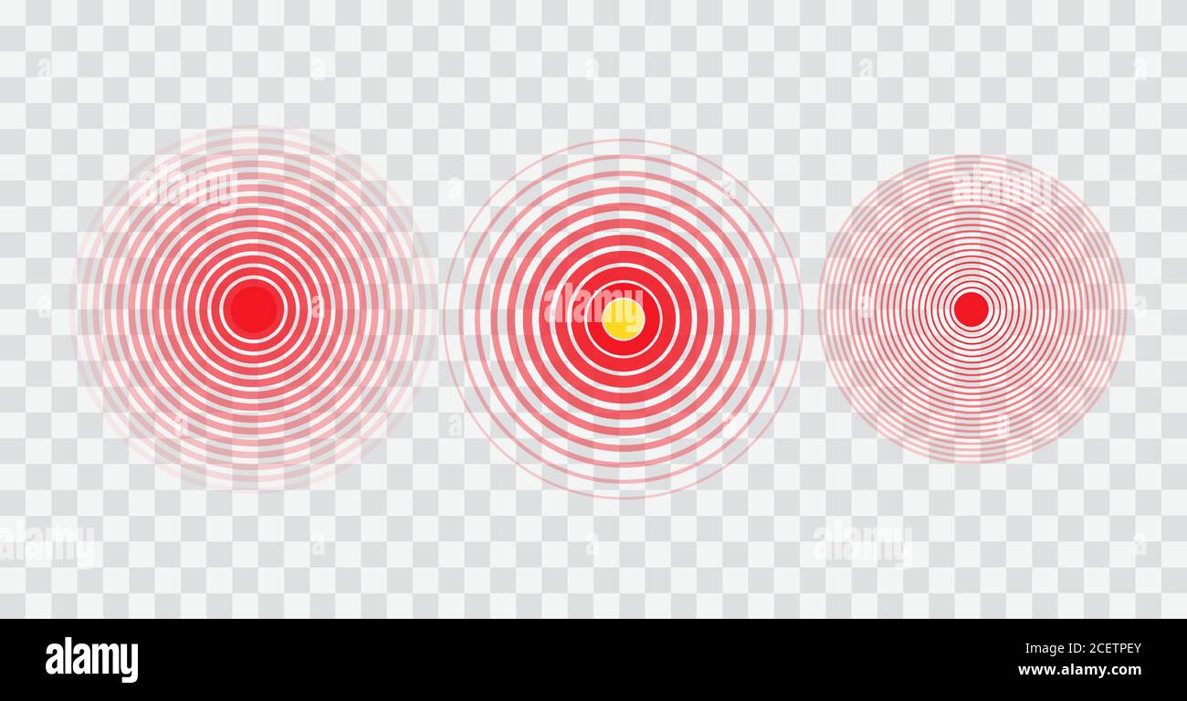 Set di icone vettoriali di cerchi rossi per la localizzazione del dolore. Raccolta dei simboli di dolore corporeo, lesioni. Pennarelli antidolore, confezione isolata su sfondo trasparente. Illustrazioni astratte radiali Painkiller Illustrazione Vettoriale