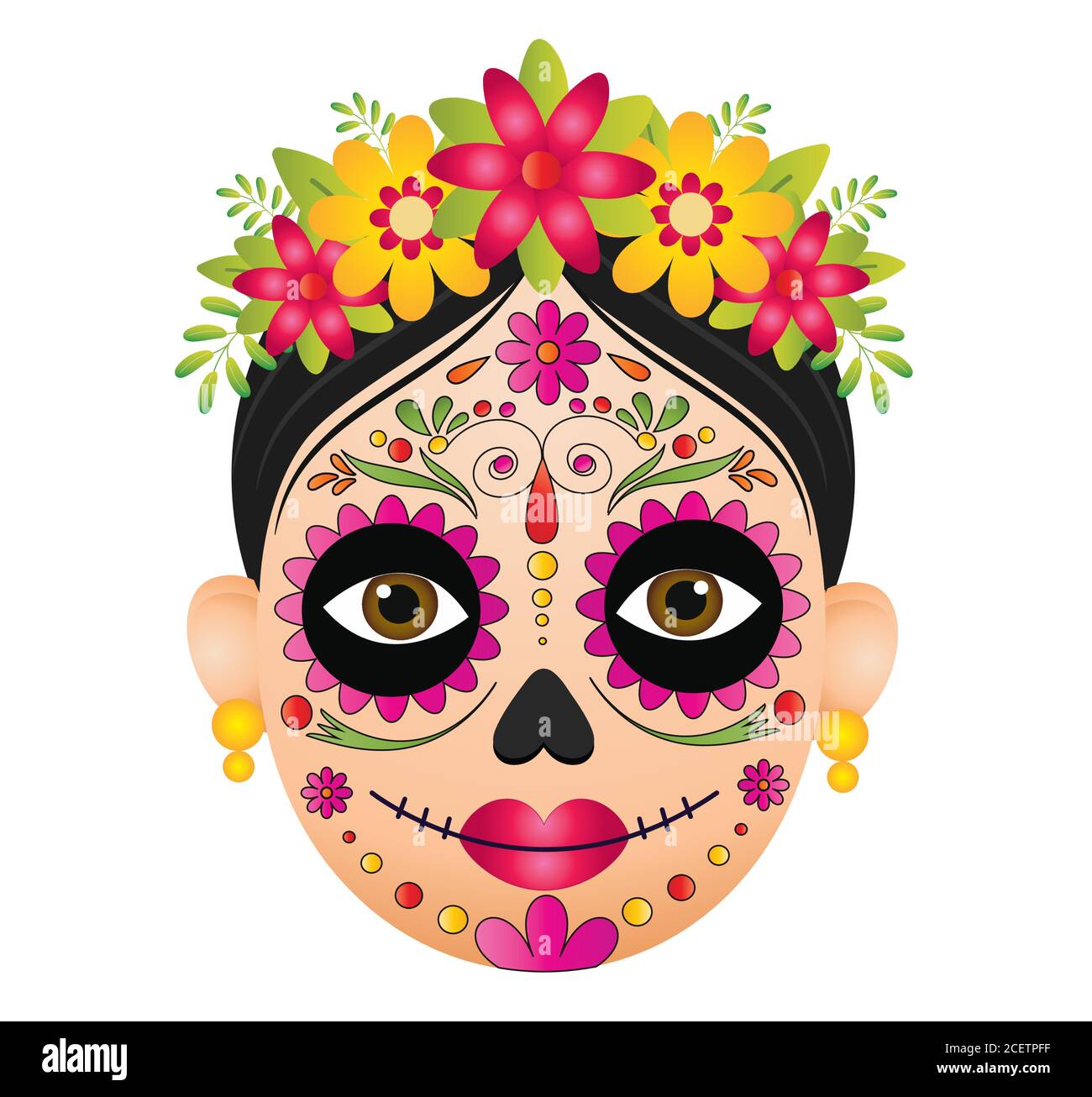 Dia de muertos faccia vettore illustrazione isolato su sfondo bianco.dia de los muertos, giorno dei morti, festa messicana, festival. Illustrazione Vettoriale