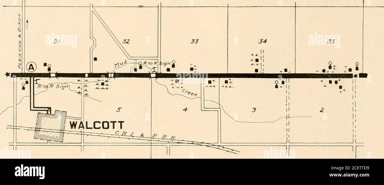 . Mappa e guida di Huebinger per la strada fiume-fiume;. I turisti che vanno ad ovest che desiderano fermarsi a Walcott possono risparmiare miglia-età girando a sinistra a ProbsteiHotel (4.4 M. da Farmers ho-tel), passare le case scolastiche (a destra 5.6 M. e 7.8 M.), crossR. R. (8.1) a sud-est del Walcott.. Una strada a nord conduce a Plainview e Dixon. Strada verso sud Walcott. I turisti che si fermano a Walcottand andando a Davenport possono Turneast al margine meridionale della città di guida a est, attraversare R. R., passare case scolastiche, per finire ofroad. Ora sul fiume a RiverRoad al Probstei Hotel, pagina 45. NRLL. TELEPHOXE - Davenport & Tipton Tel Co., Bry Foto Stock