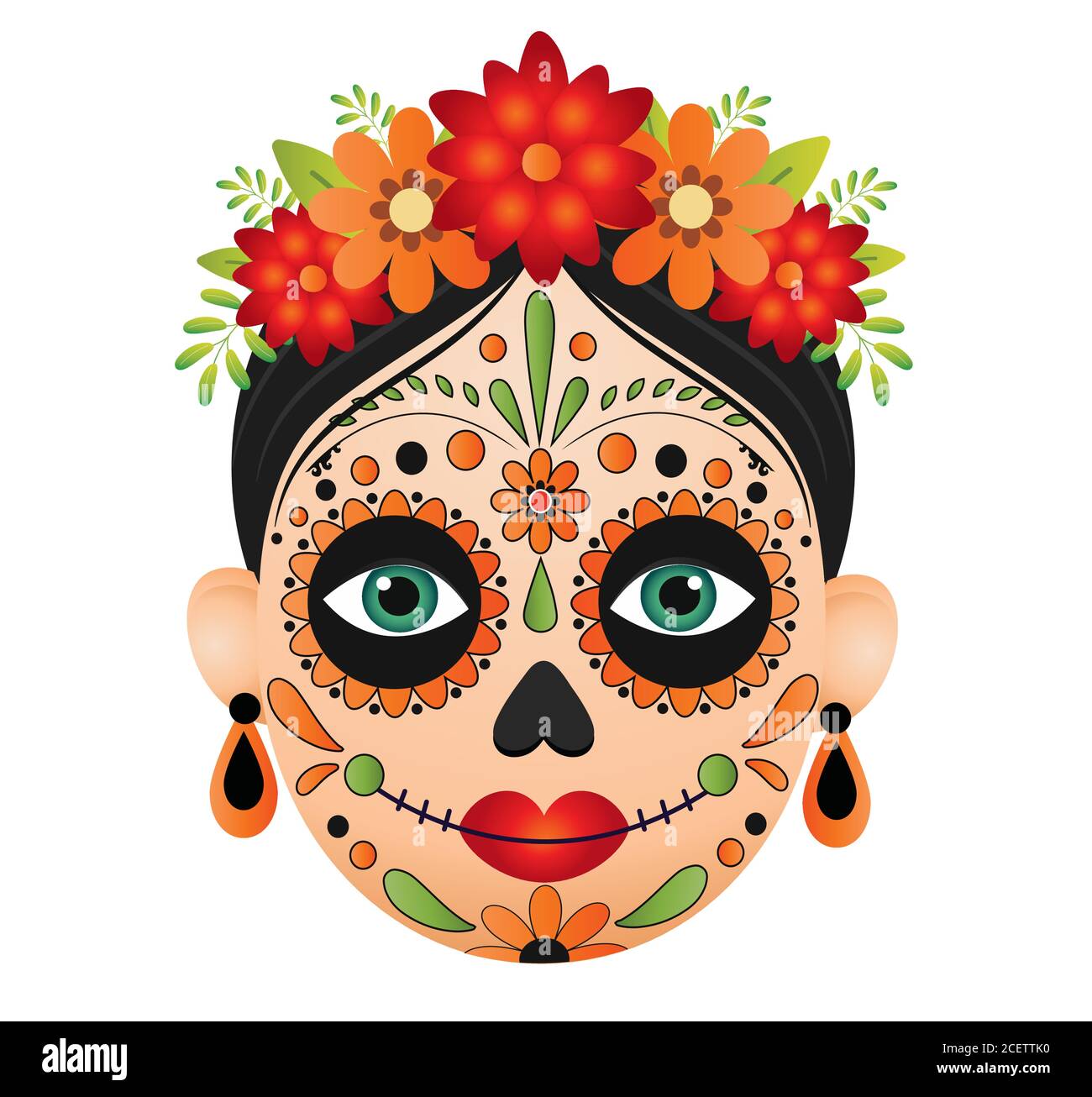 Dia de muertos faccia vettore illustrazione isolato su sfondo bianco.dia de los muertos, giorno dei morti, festa messicana, festival. Illustrazione Vettoriale