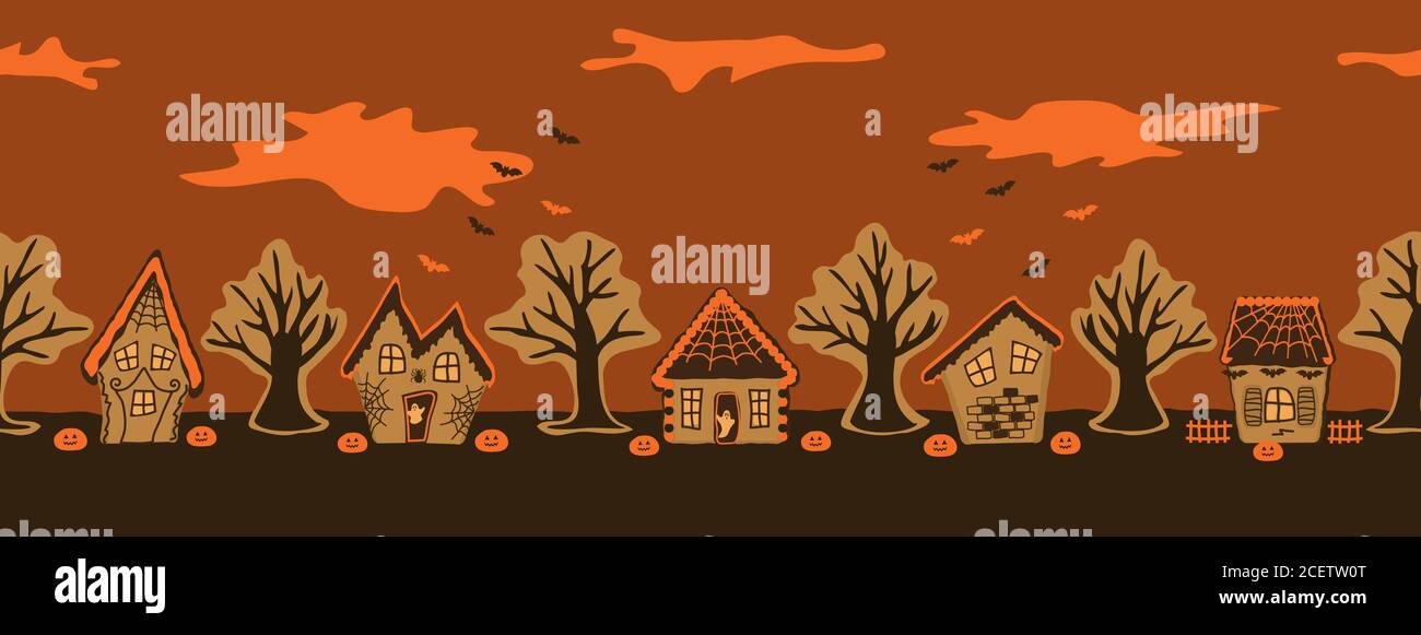 Halloween pan di zenzero case. Spooky villaggio. Bordo senza giunture. Sagome di case e alberi su sfondo arancione Illustrazione Vettoriale