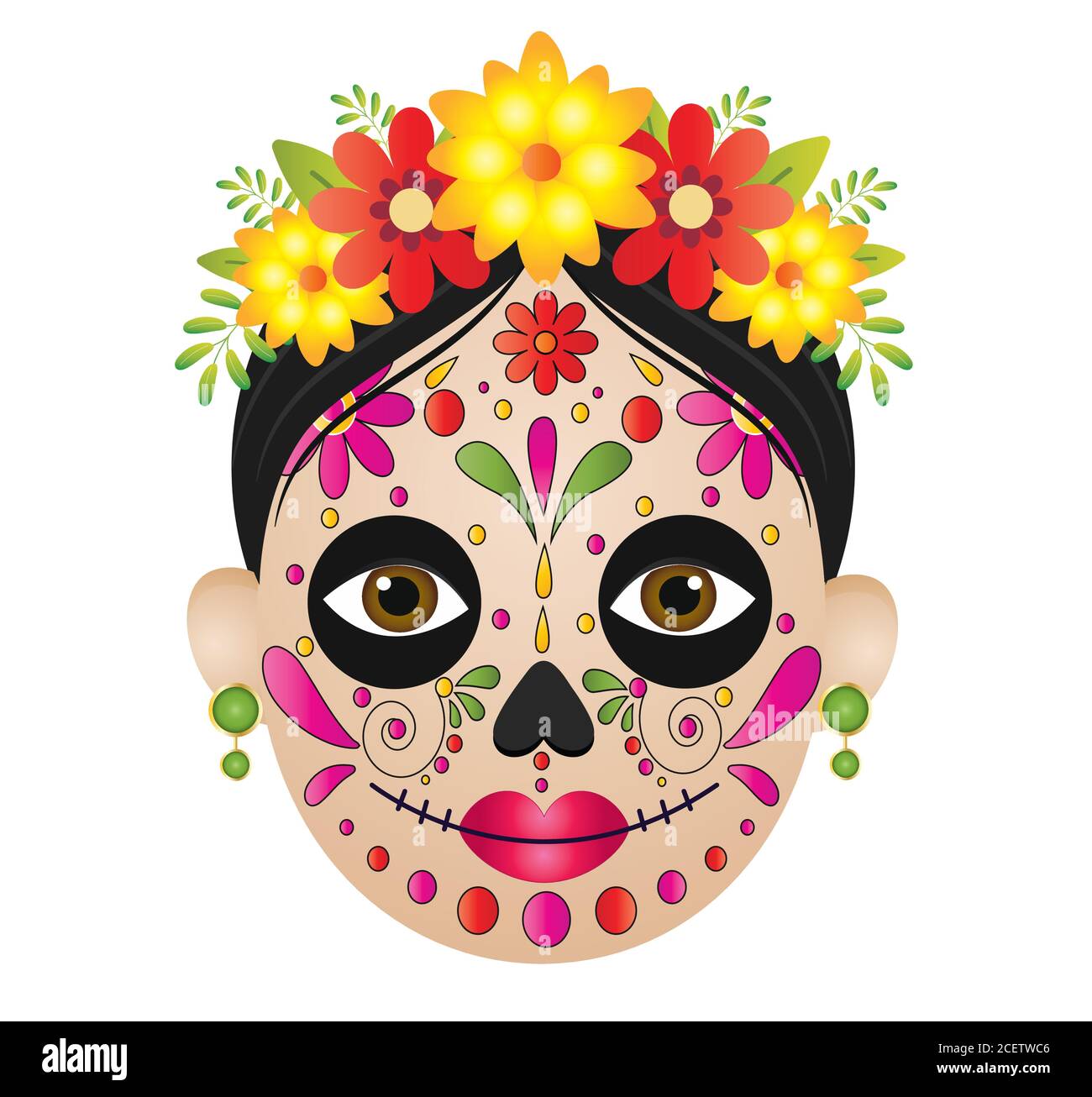 Dia de muertos faccia vettore illustrazione isolato su sfondo bianco.dia de los muertos, giorno dei morti, festa messicana, festival. Illustrazione Vettoriale