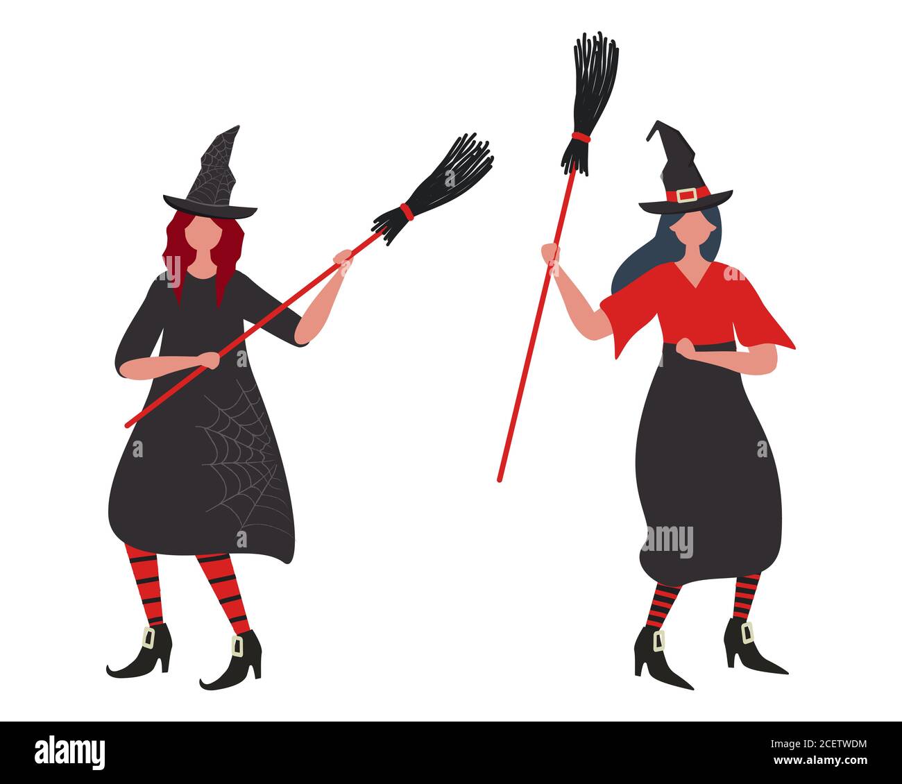 Le streghe ballano con le scopa. Festa di Halloween. Giovani donne in costumi di strega. La gente sta celebrando Halloween. Illustrazione vettoriale Illustrazione Vettoriale