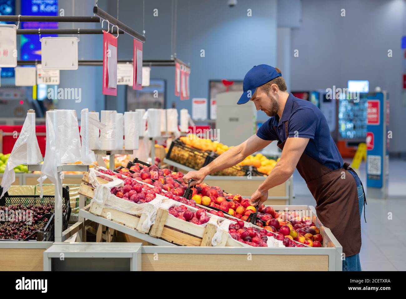 Vista laterale ripresa di uomo che indossa grembiule che lavora in negozio mettendo fuori frutta fresca, spazio di copia Foto Stock