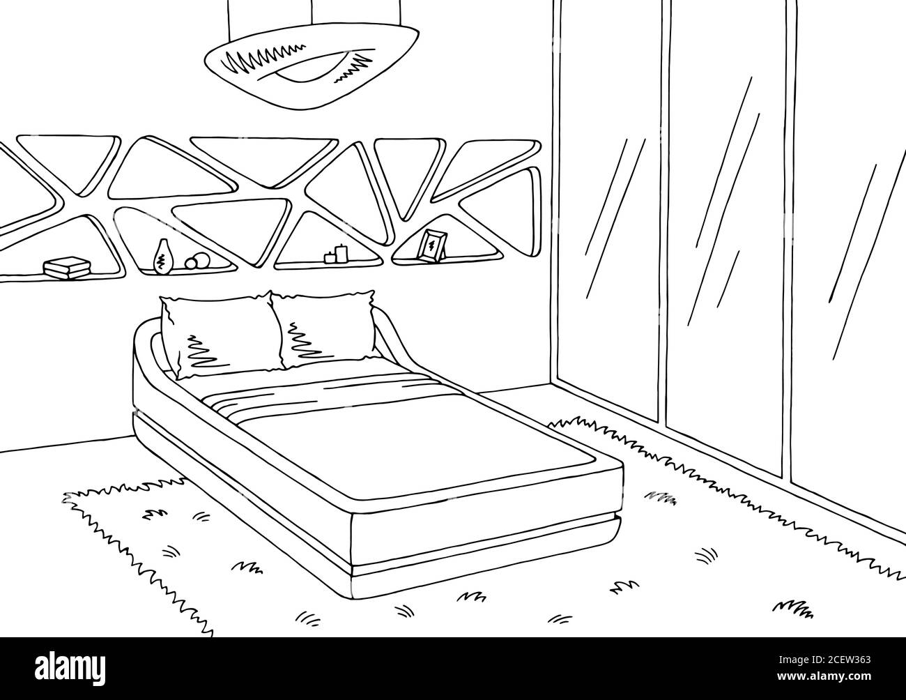 Camera da letto grafica nero bianco futuro disegno interno vettore illustrazione Illustrazione Vettoriale