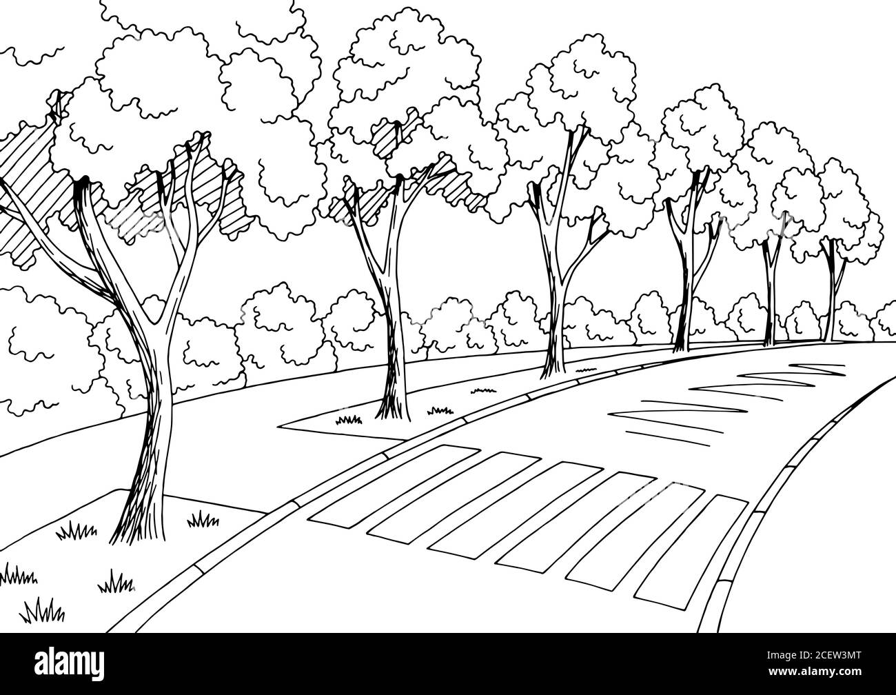 Grafico stradale grafico bianco nero illustrazione dello schizzo del paesaggio vettore Illustrazione Vettoriale