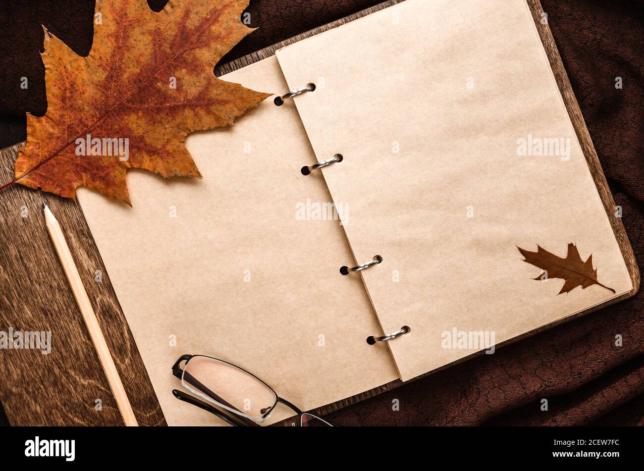 Composizione autunnale. Blocco note con fogli bianchi, bicchieri, foglie di quercia secca su una sciarpa di pashmina marrone. Umore autunnale. Disposizione piatta. Spazio di copia Foto Stock