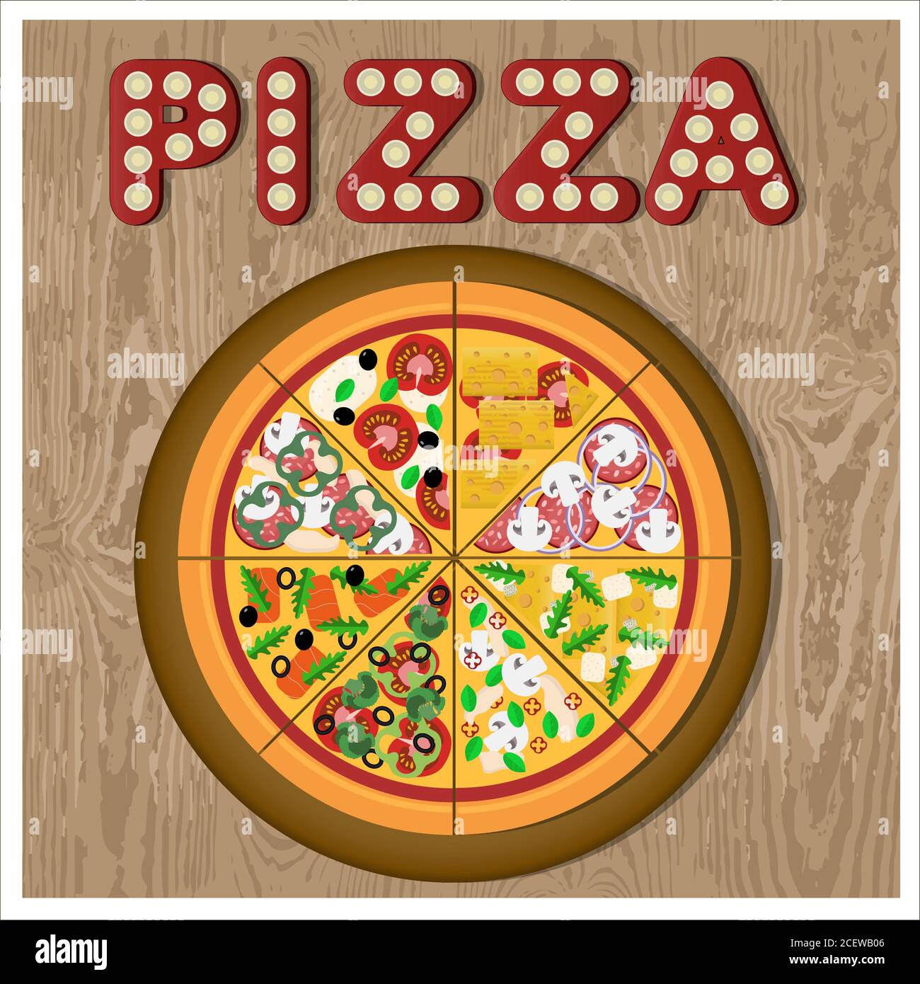 Illustrazione piatta della pizza assortita su un piatto di legno. Illustrazione vettoriale di una pizza rotonda divisa in pezzi diversi. Pizza vegetariana, salame, salmone, pollo, formaggio e funghi. Poster per menu, pubblicità, consegna, app per smartphone o sito Web. Illustrazione della pizza gustosa Illustrazione Vettoriale