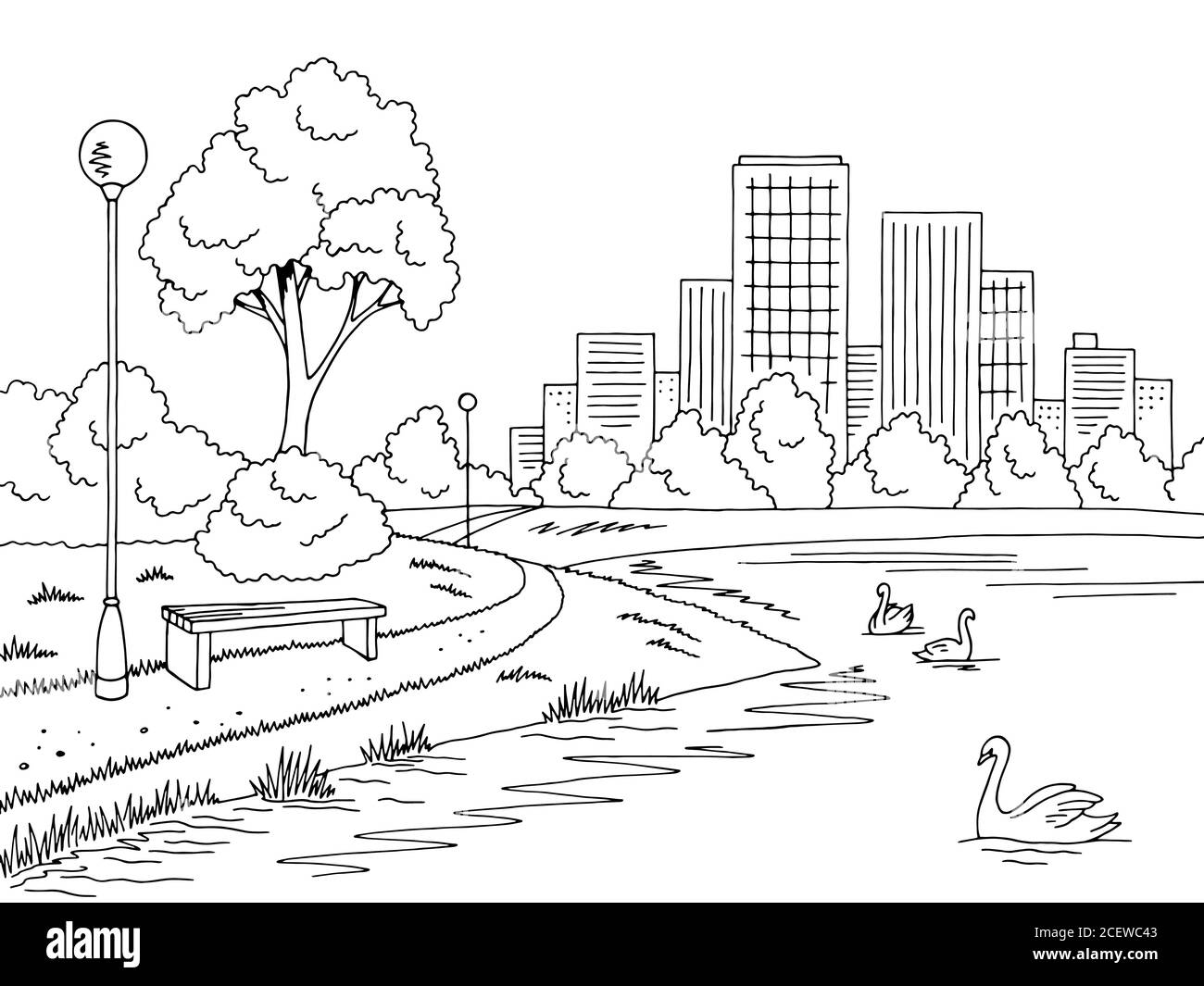 Park Lake grafico bianco nero disegno paesaggio vettore illustrazione Illustrazione Vettoriale