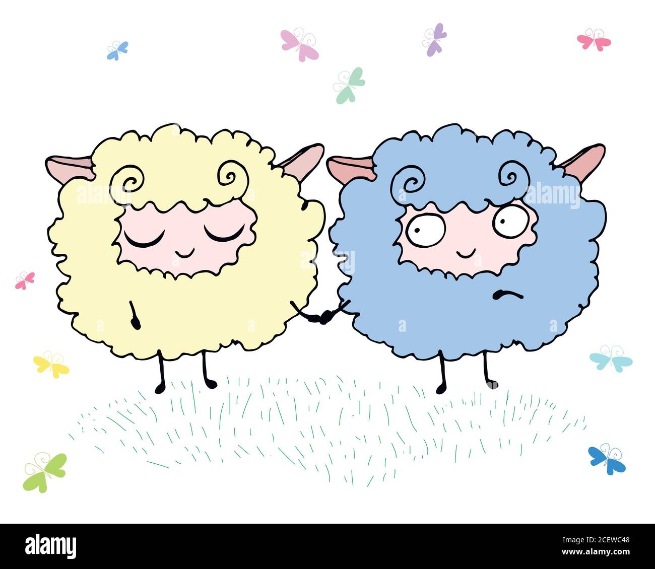 Due allegri agnelli soffici e divertenti in un prato circondato da butterfli Illustrazione Vettoriale