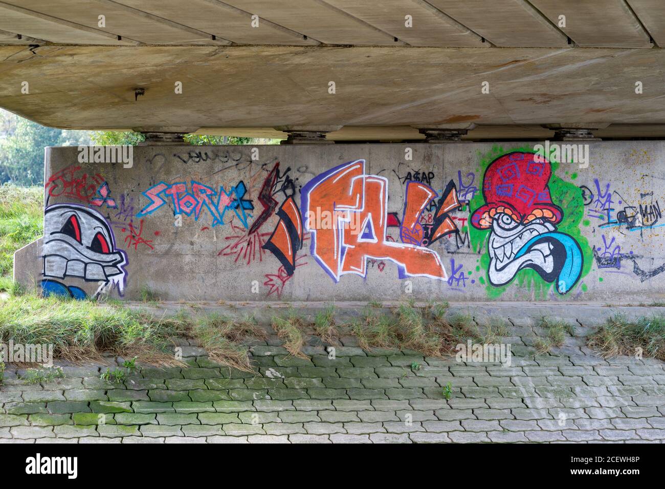 Graffiti su un muro sotto un ponte, fiume Adur, Sussex occidentale Foto Stock