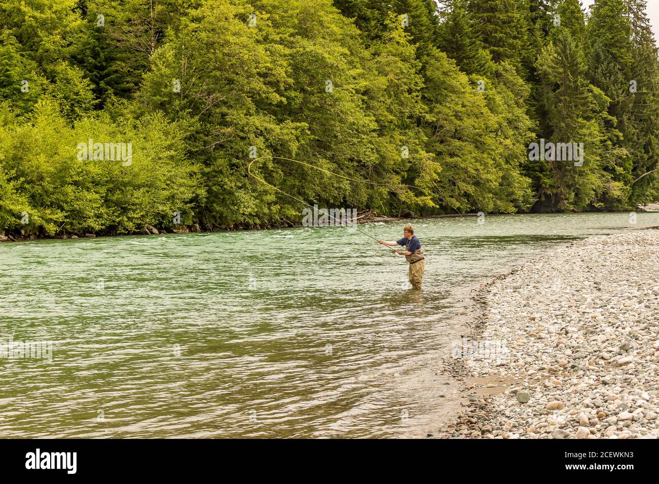 Un pescatore di mosca spey casting mentre guadi in un fiume glaciale verde e fluente veloce, nella Columbia Britannica del Nord Ovest, Canada. Foto Stock