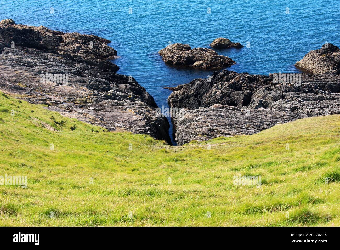 Scaglia la roccia in un affioramento roccioso al fondo di una ripida collina erbosa dal blu Mare d'Irlanda sulla costa di Porth Colmen, Galles del Nord Foto Stock
