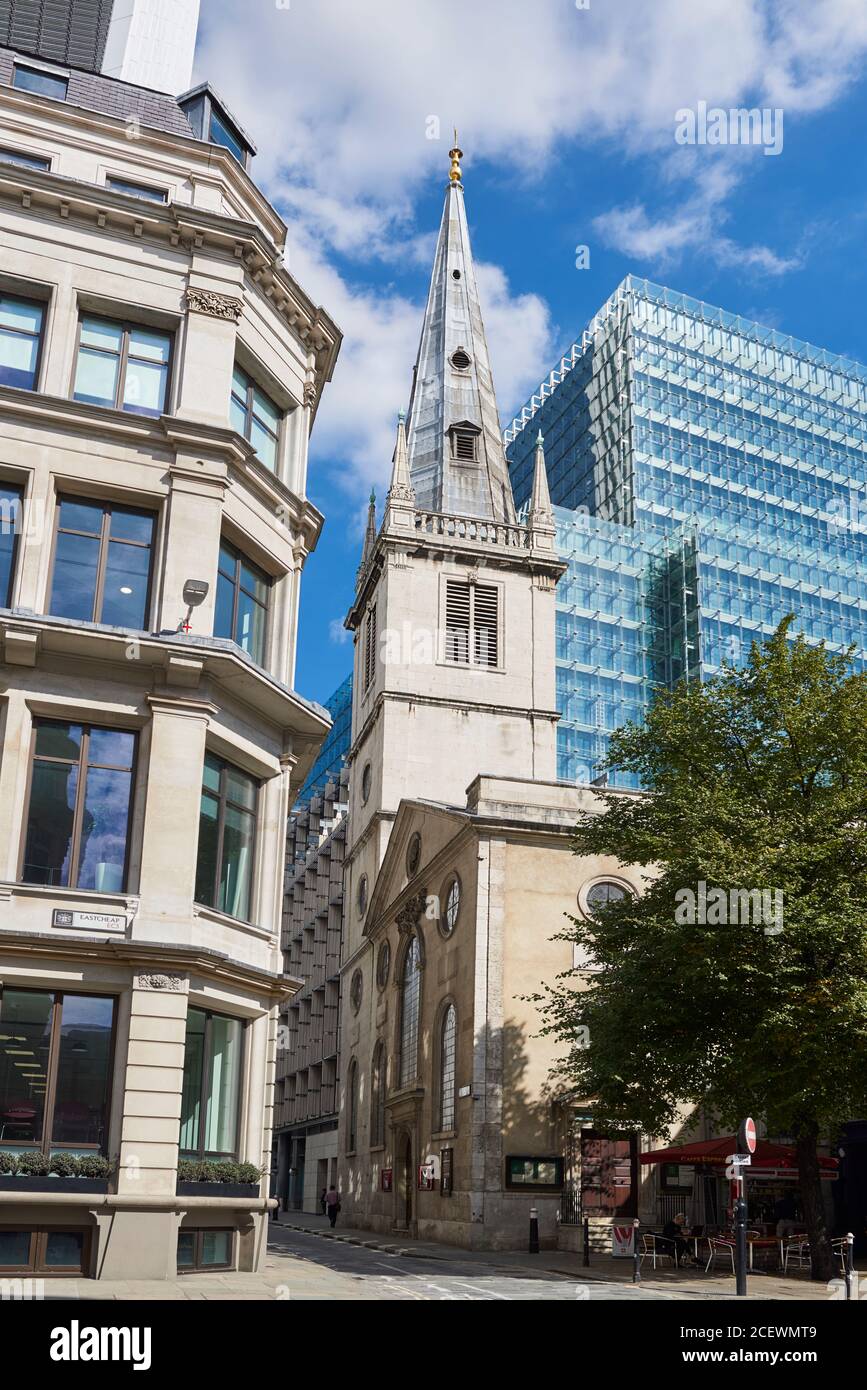 La chiesa barocca di St Margaret Pattens su Eastcheap, nella città di Londra, Regno Unito Foto Stock