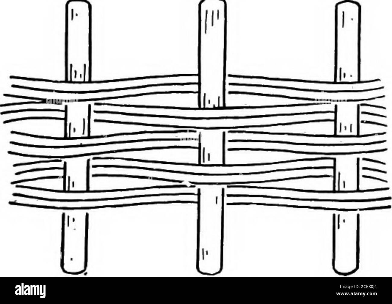 . Basketry pratico ed artistico. Fig. 8.-due tessitori, uno che segue l'altro. Tessitura doppia: Due tessitori sono useduneati. I cestelli interi possono essere fatti con questa tessitura. E 'molto efficace usato come bendson semplici cestini rattan.. Fig. Tessitura doppia. Accoppiamento.- due tessitori sono inseriti beinddue raggi successivi e incrociati tra 26 Basketry pratica, che portano avanti il tempo di tessitore sotto. Questo può essere utilizzato su un numero dispari o un numero pari di raggi. Fa un buon tappeto di finitura o cesto di fora, e può essere usato sui cestelli di sidesof per dividere le tessiture differenti. Foto Stock