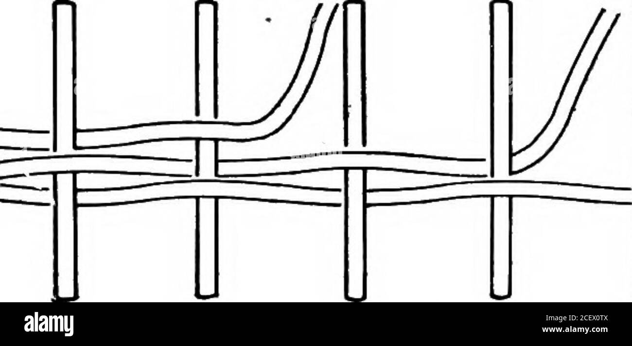 . Basketry pratico ed artistico. Fig. 7.-tessitura sotto e sopra; tessitura sotto e sopra, con un weaverand un numero dispari di raggi. 24 tessitura di rattan. 25 lo stesso effetto viene prodotto con un evimimero di raggi usando due tessitori; si procede intorno con l'uno e poi con l'altro, allarando il secondo tessitore per passare sotto il cucchiaio che il primo passava e sopra il raggio si passava prima sotto. Fig. 8.. Fig. 8.-due tessitori, uno che segue l'altro. Tessitura doppia: Due tessitori sono useduneati. I cestelli interi possono essere fatti con questa tessitura. E 'molto efficace usato come bendson semplici cestini rattan. Foto Stock