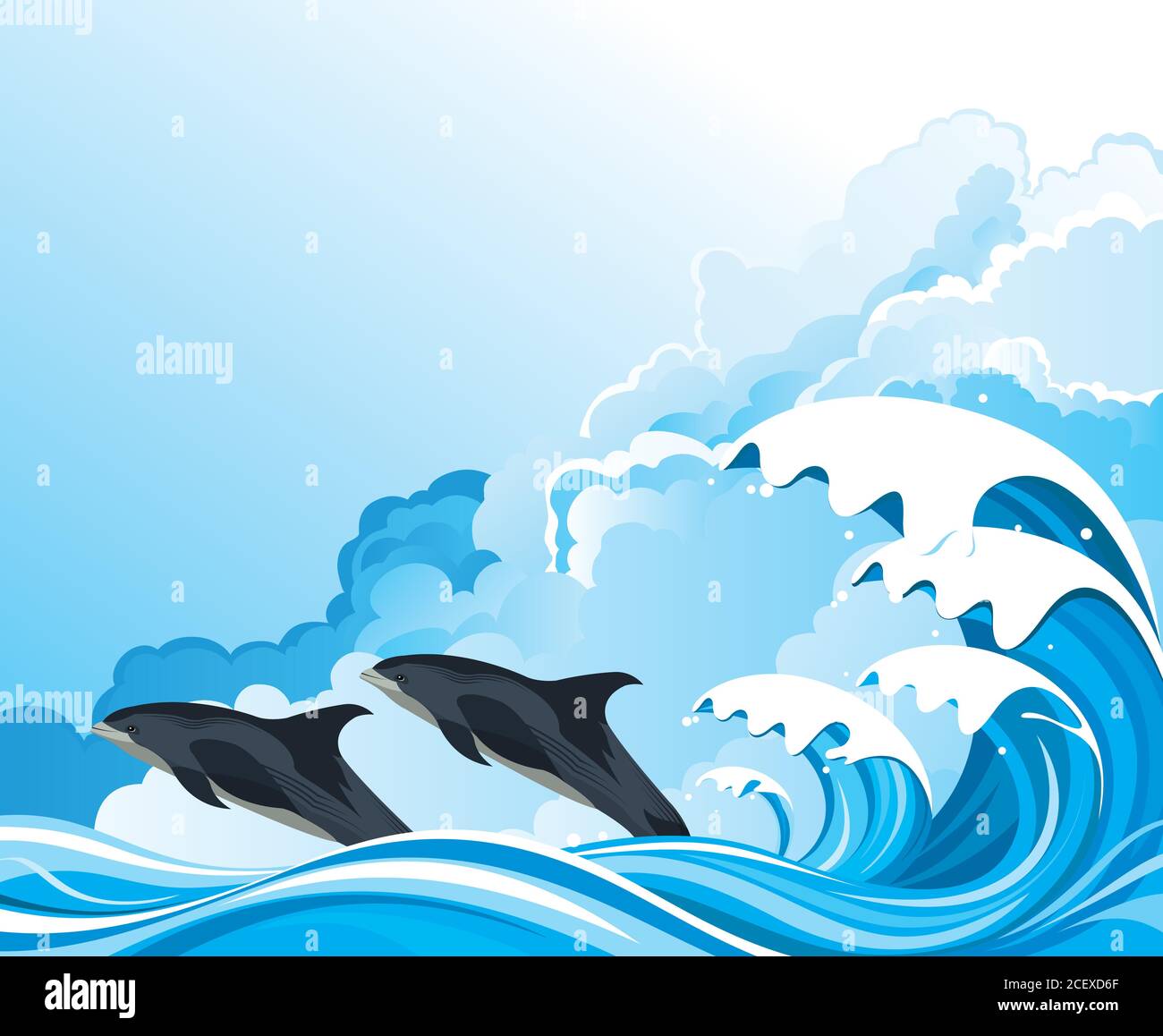 Delfini o focene che saltano fuori dall'acqua di fronte di onde oceaniche contro un cielo blu nuvoloso Illustrazione Vettoriale