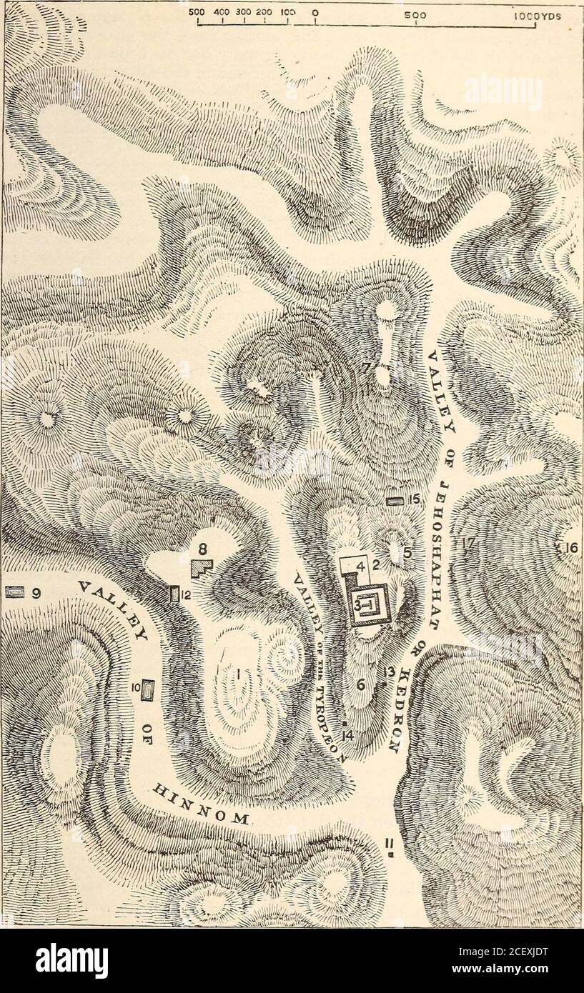 . Il manuale dello studente di geografia antica, basato sul Dizionario di geografia greca e romana. ^ che sale e cade a periodi irregolari; si suppone che sia alimentato dalla cisterna sotto il Tempio. Da questo canale asubterrano tagliato attraverso la roccia solida conduce l'acqua alla vasca di Siloah., o Siloam, che ha anche acquisito il carattere di Cap. XI GERUSALEMME.. Piano di Gerusalemme. 1. Montare Zion. 2. Moriah. 3. Il Templo. 4. Antonin. 5. Probabile sito ol (iolputha. 6. OvheJ,7. Rez. 8. Chiesa del Santo Sepolcro. 9, 10. I Puoli Upptr e Lowt-r di Gihon. l).Ero^el. 12. Po Foto Stock