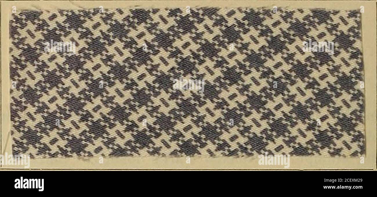 . Die Biezenfarbstoffe der Fabriken vorm. Friedr. Bayer & Co., Elberfeld, auf dem Gebiet der Fruckerei und Färberei. Gedruckt mit: 30% Alizarin-Blau-Schwarz B i. TG. Druck-Vorschrift (dunkel). f 300 gr. Alizarin-Blau-Schwarz B i. TG. Mit | 20 „ Ammoniak versetzen; über Nacht stehen lassen, darauf in620 „ Verdickung F einrühren, hinzu10 „ Eisessig, dann50 „ essigs. Chrom von 20° BE.1000 gr. 155 in hellen Tönen liefert Alizarin-Blau-Schwarz B i. ein Grau. TG. Gedruckt mit: 3% Alizarin-Blau-Schwarz B i. TG. {-•: 30 gr. Alizarin-Blau-Schwarz B i. TG. Ammoniak 0,95059 „ Verdickung F QQgf 750 „ VE Foto Stock