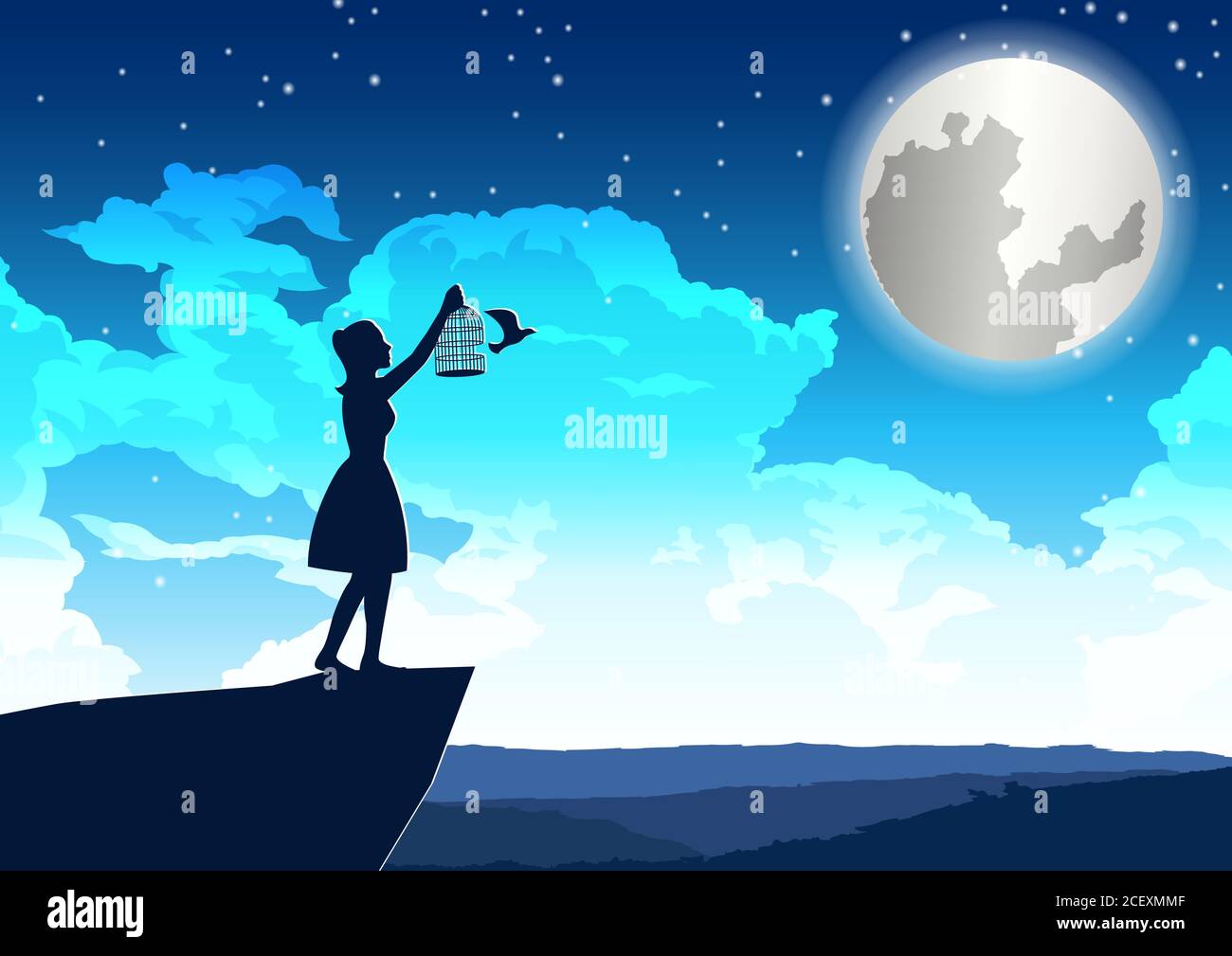 donna ha lasciato l'uccello fuori alla pace sulla scogliera dentro bella notte, illustrazione vettoriale Illustrazione Vettoriale