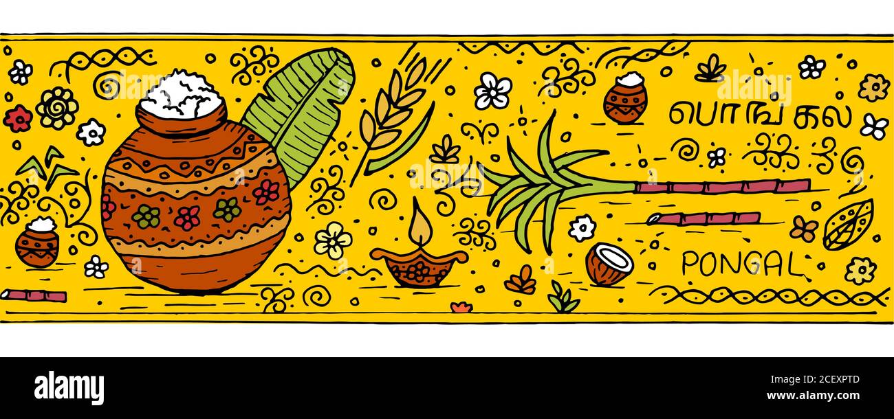 Indiano festival pongal doodle schizzo sfondo giallo Illustrazione Vettoriale