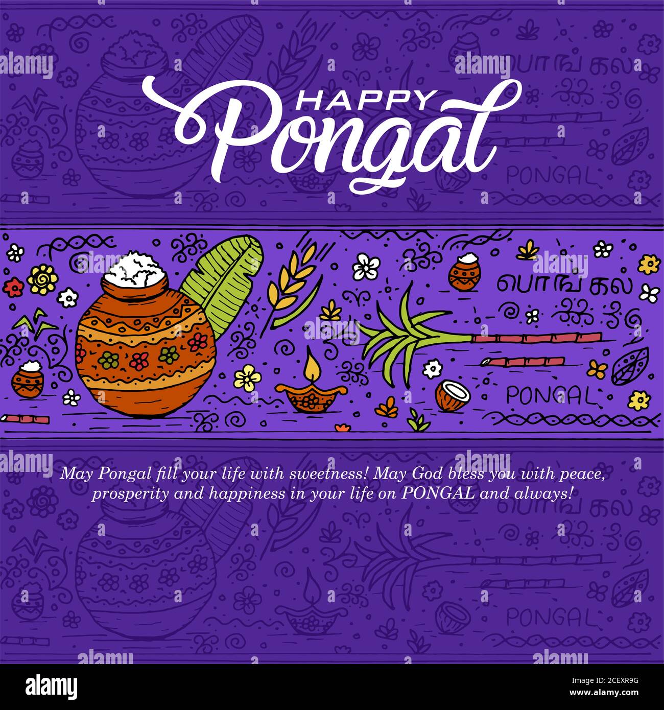 Indiano festival pongal desidera doodle schizzo sfondo blu Illustrazione Vettoriale