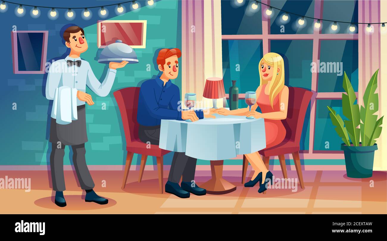 Un cameriere che serve un tavolo per gli ospiti al ristorante Illustrazione Vettoriale