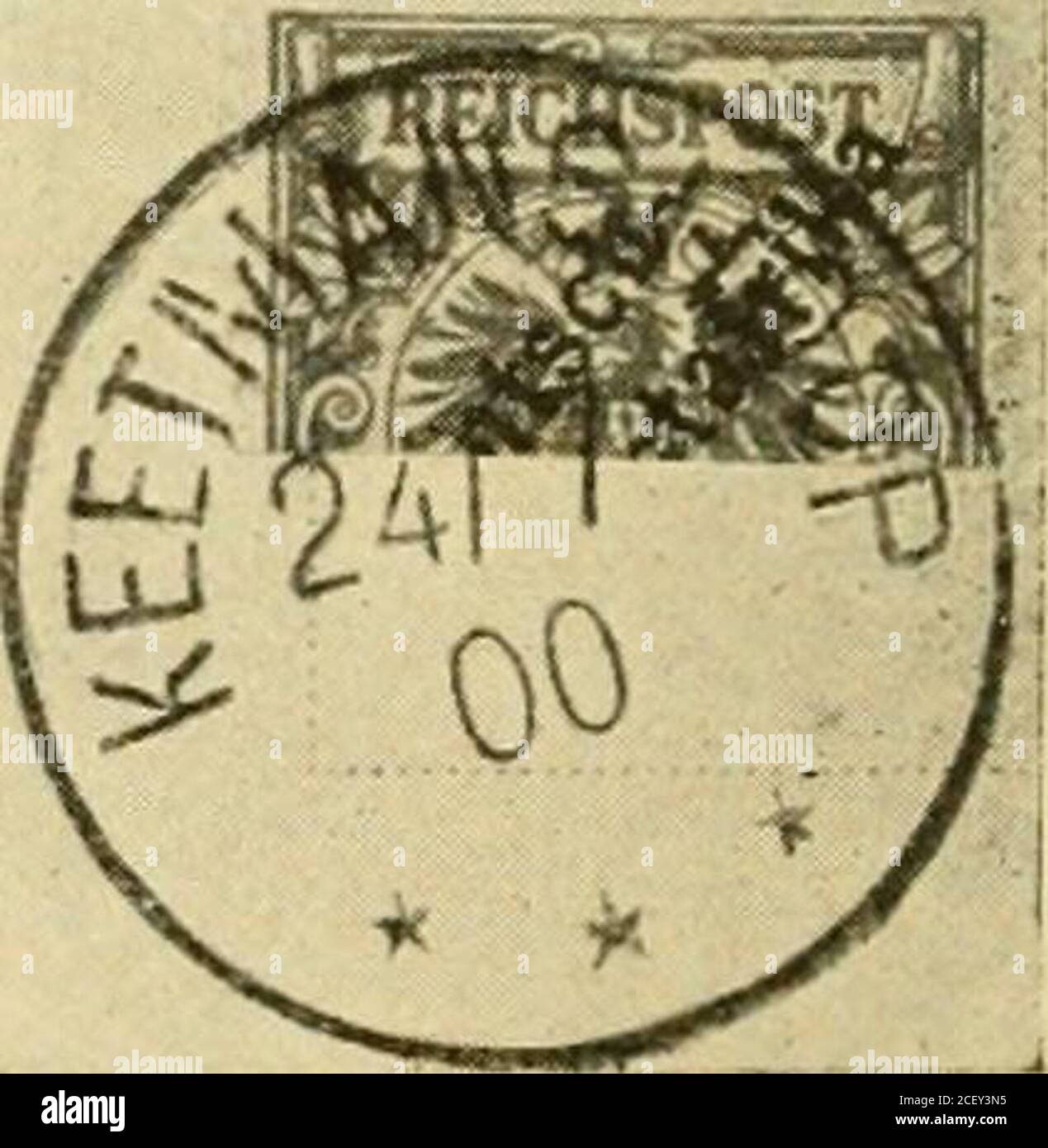 . Die kaufen im Bereichen im Bereichen und Ausland sowie sowie in den Schutzgebieten und Handel mit sowie sowie sowie sowie sowie sowie sowie. Nur 10 Stück angefertigt Nur 2 Stück angefertigt 10 Pfennig-Marken mit Aufdruck Deutsch-Südwestafrika im Juni und Juli 1900 vorzugs-weise Diagonal, seltener senkrecht oder ivagrecht geteilt als 5 Pfennig-Marken, ausschließlich auf Post-karten, amtlich mit gemmanwegel; agosto 1900. änderten Durch BarFrankierunffs-Vermerk: Bezalilt. Foto Stock