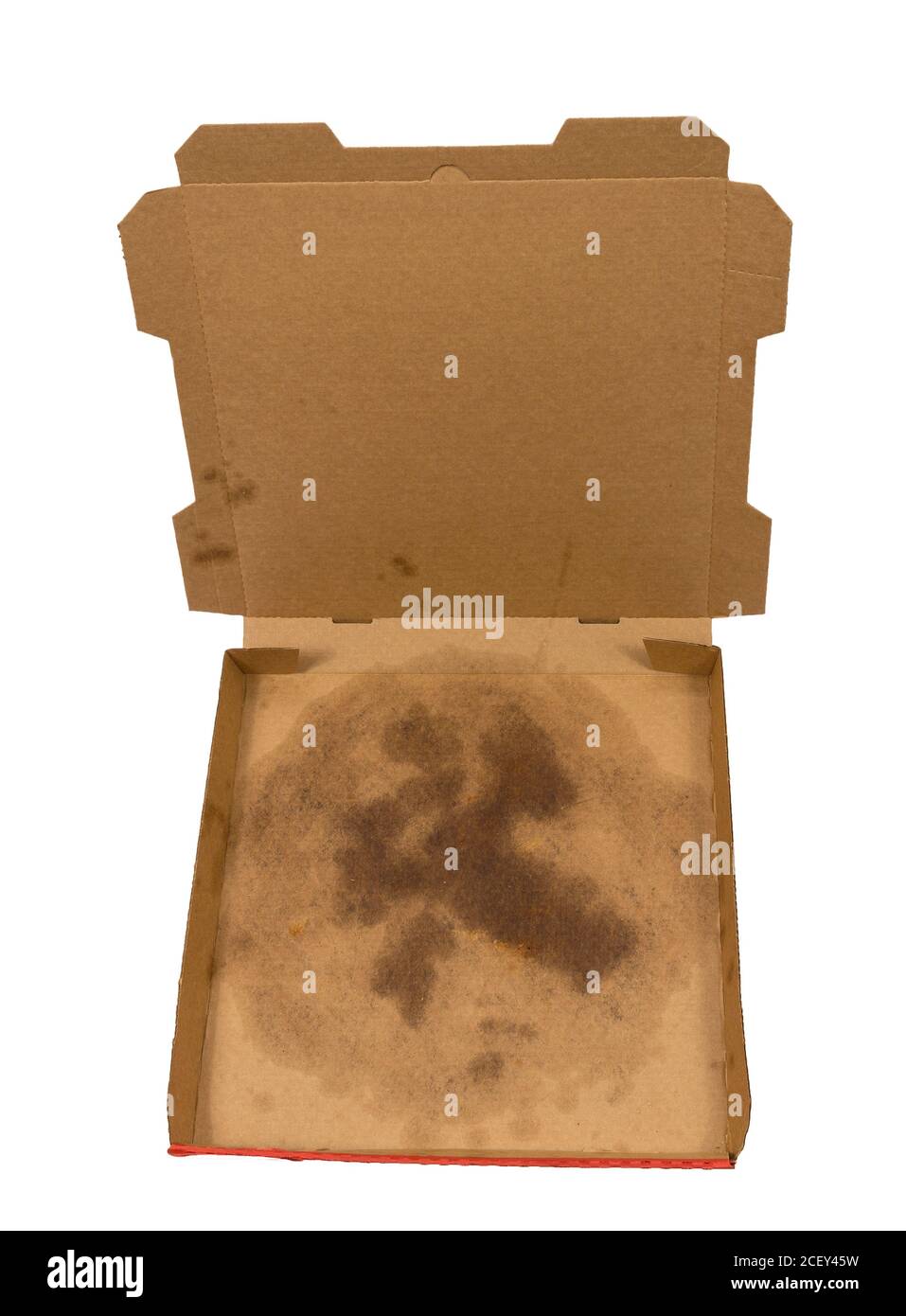 Colpo di testa di una scatola per pizza vuota con macchia di grasso nella parte inferiore della scatola Foto Stock