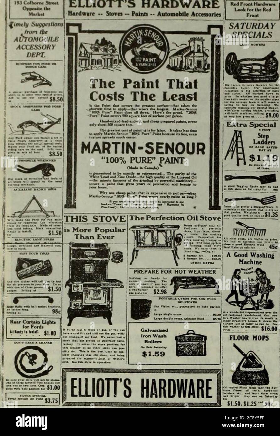 . Merchandising hardware marzo-giugno 1919. Una disposizione pulita della vernice attrae sempre e questo è il caso con la rappresentazione di G. A. Elliott, Brantford, Ont. In primo piano immedatc è mostrato un layout attraente di vernice e spazzole di whitewash che possono essere facilmente dupli-cated da altri commercianti. A sinistra del taglio è mostrata una piccola sezione della visualizzazione delle finiture domestiche. 40 HARDWARE E METALLO Maggio 31, 1919 ELLIOTTS HARDWARE Hardwire -? Slovn - Pulim -- Automobile Acceaorln ] €im&lt;ly Suogesttonsimmmfrom tbt ??? AUTOMOBILEACCESSORYDEPT. S1.S0.JUS -98c qui è mostrato un sampledell'annuncio del giornale Foto Stock